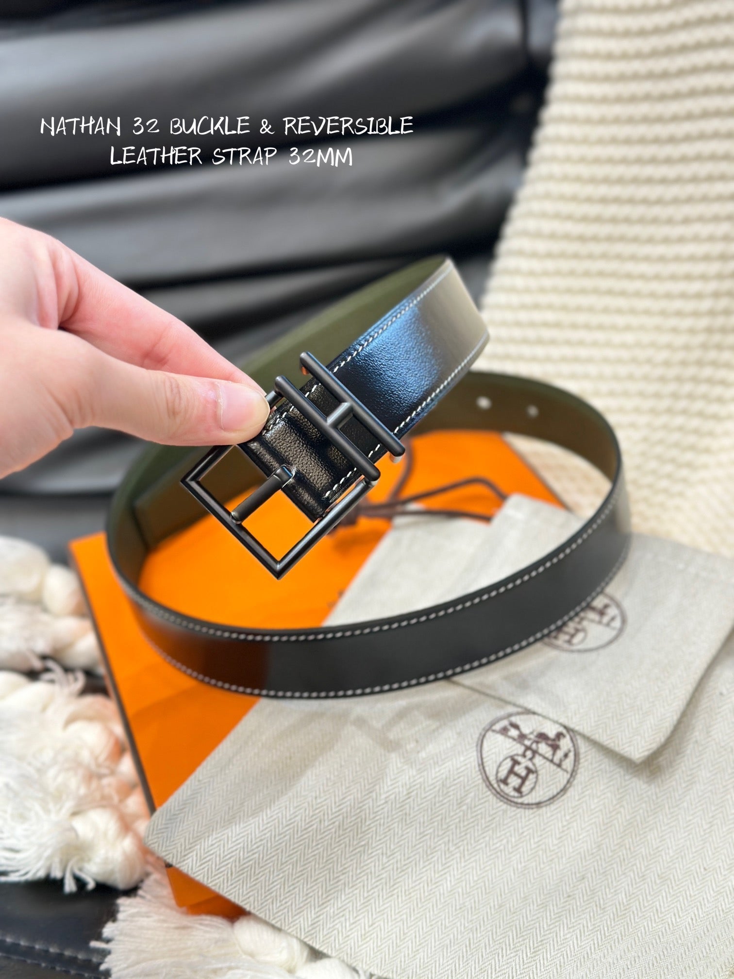 HM NATHAN REVERSIBLE BELT 32MM OLIVE GREEN AND BLACK LEATHER BLACK HARDWARE