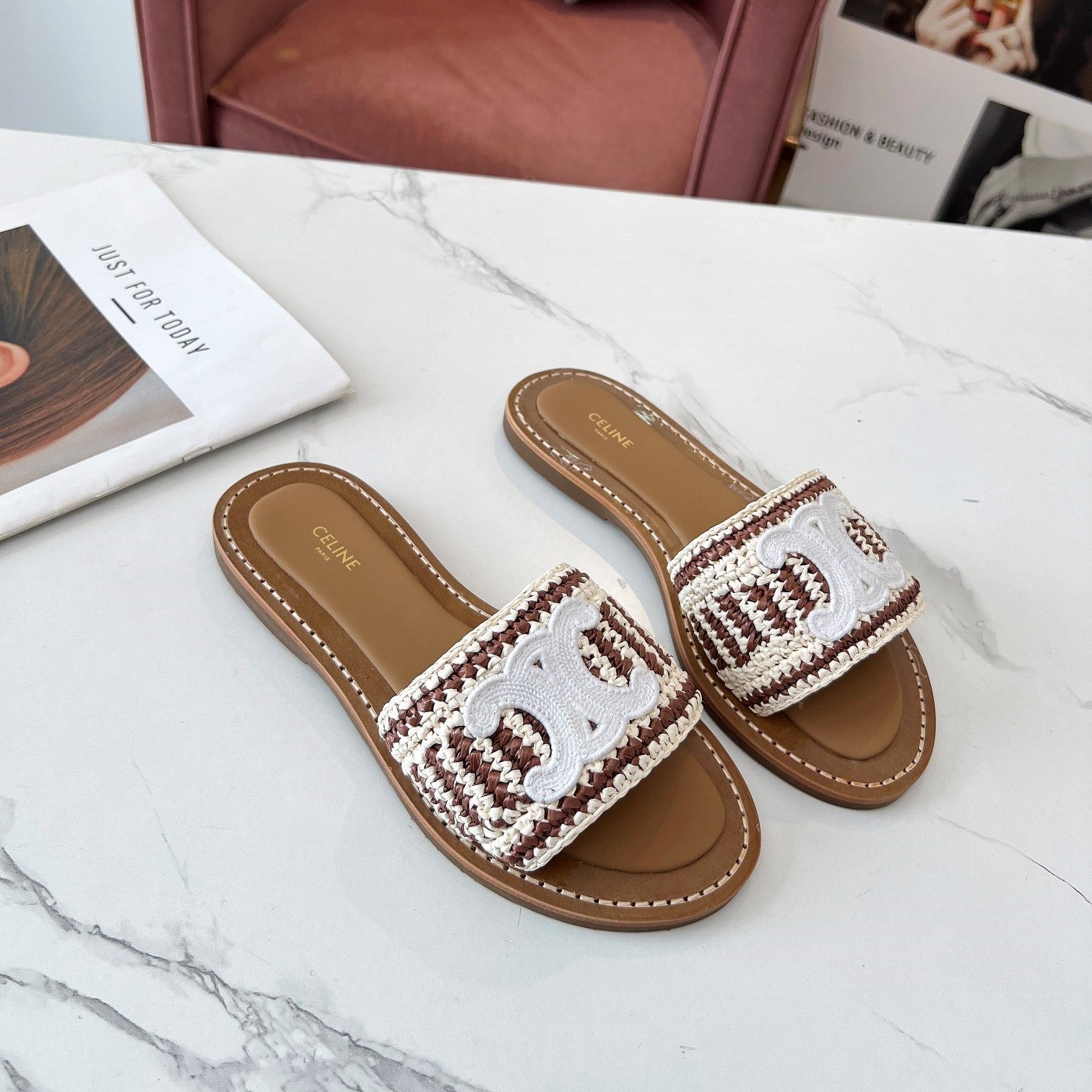 Celine 26s Slip-on Sandals Cotton Leather 982665