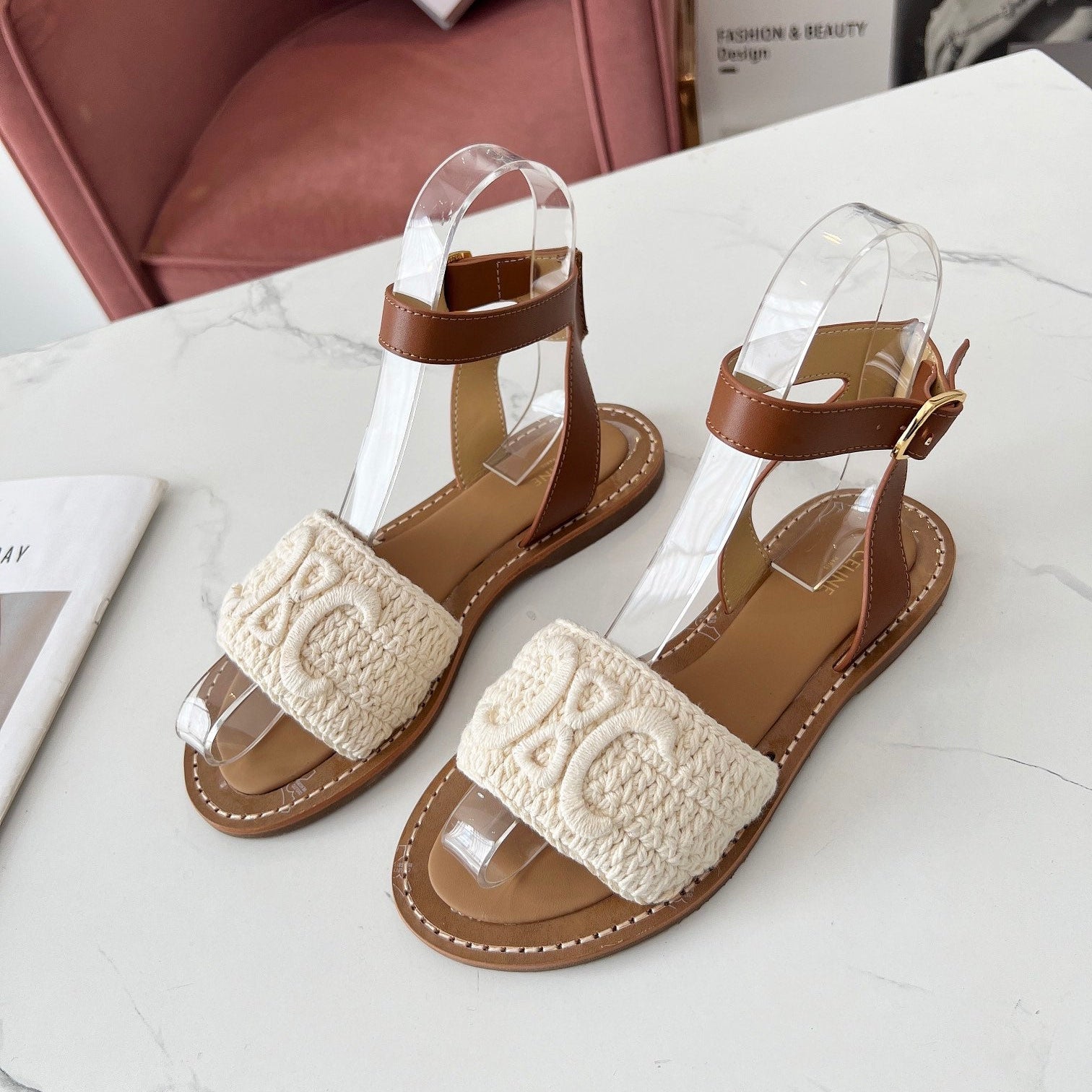 Celine 25C Lympia Sandal White Fabric with Calfskin 238175