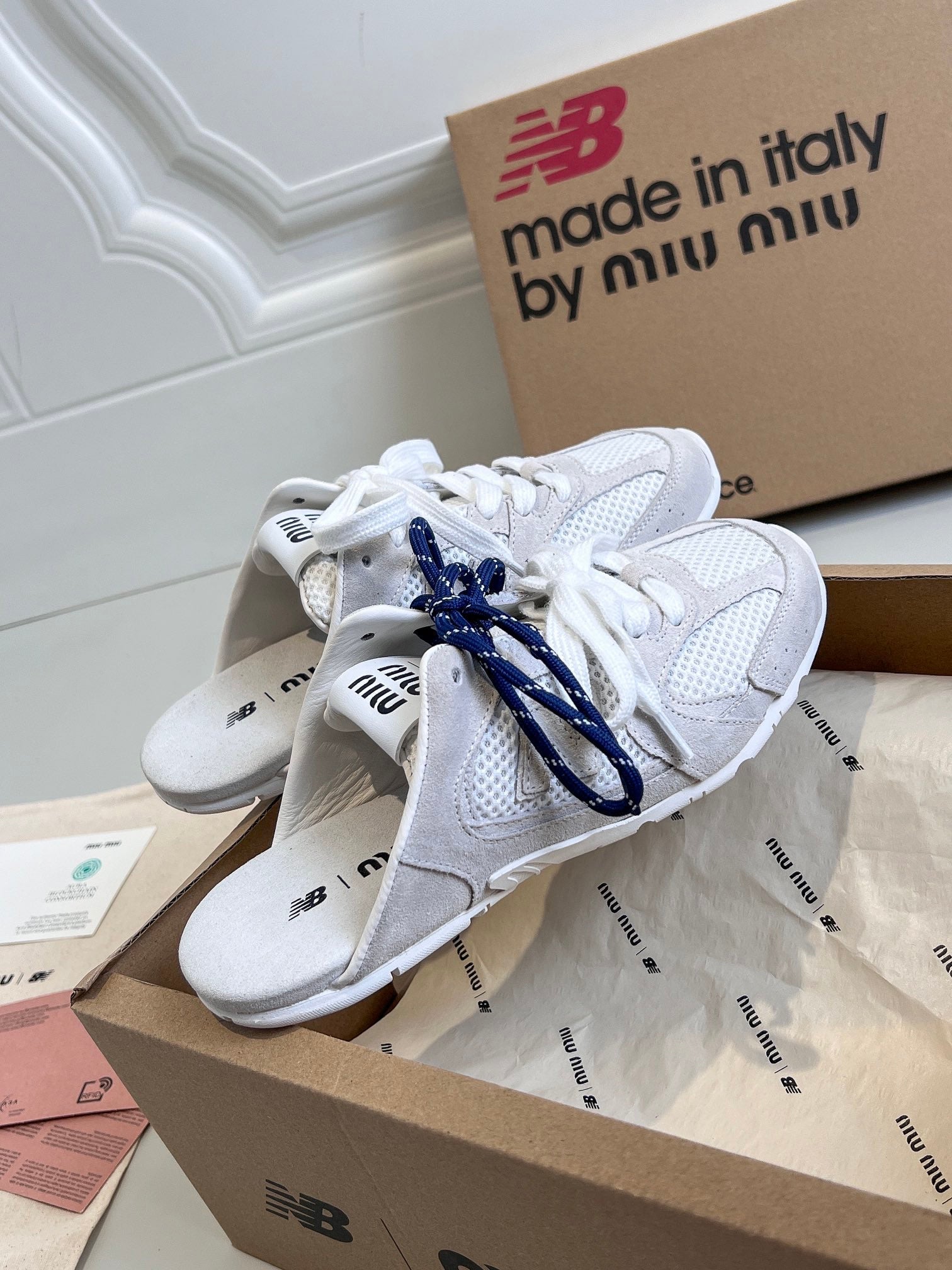 Miu x NB 530 SL Mules White Grey Mesh Suede 642519