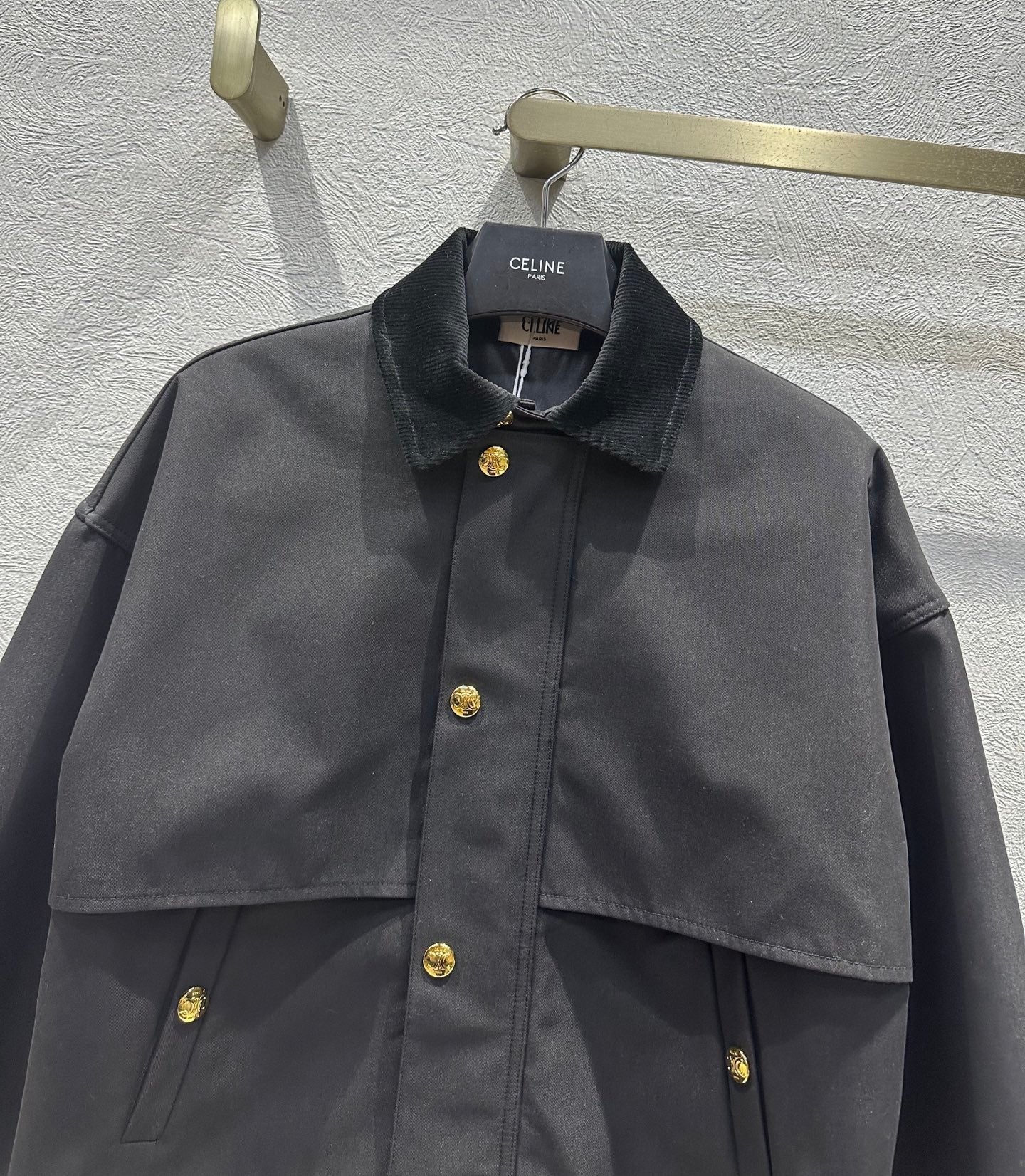 Celine 25 Lapel Short Trench Coat Black Gold Cotton Polyester