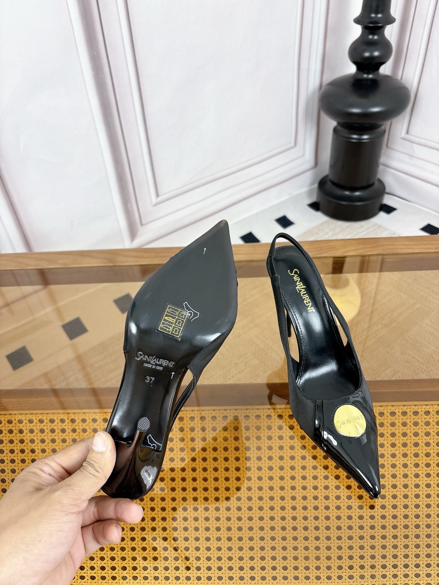 YSL Louis Slingback 10cm Black Satin Patent Leather 932063