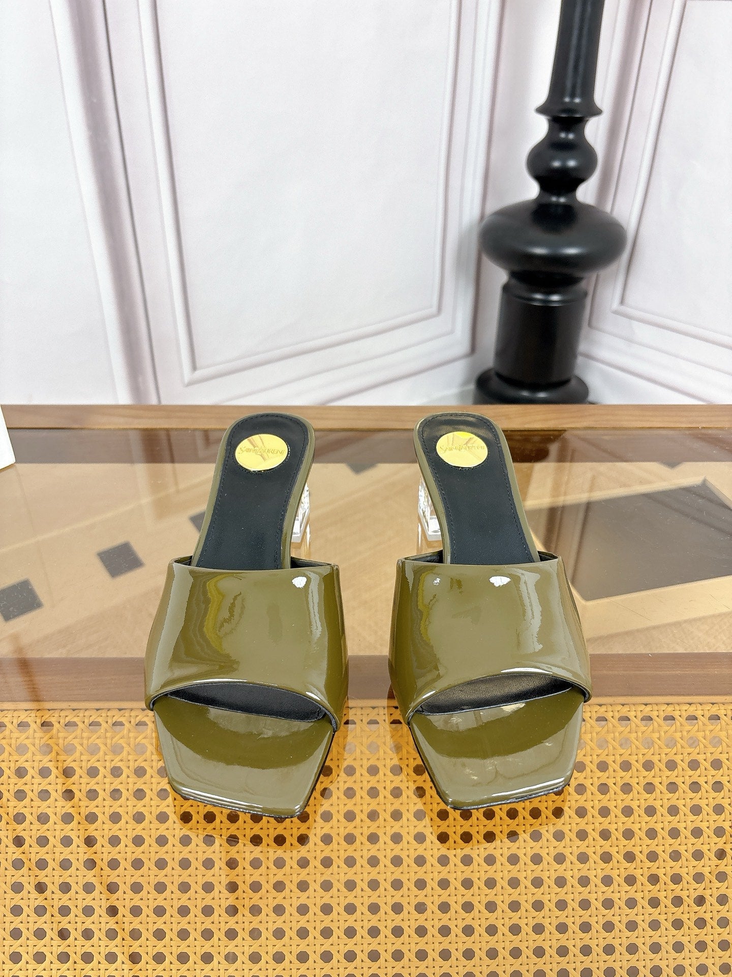 YSL High-Heeled Sandal 5.5cm Olive Patent Leather 932055