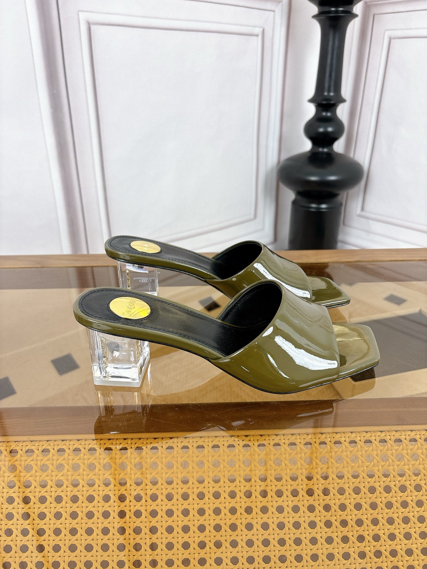 YSL High-Heeled Sandal 5.5cm Olive Patent Leather 932055