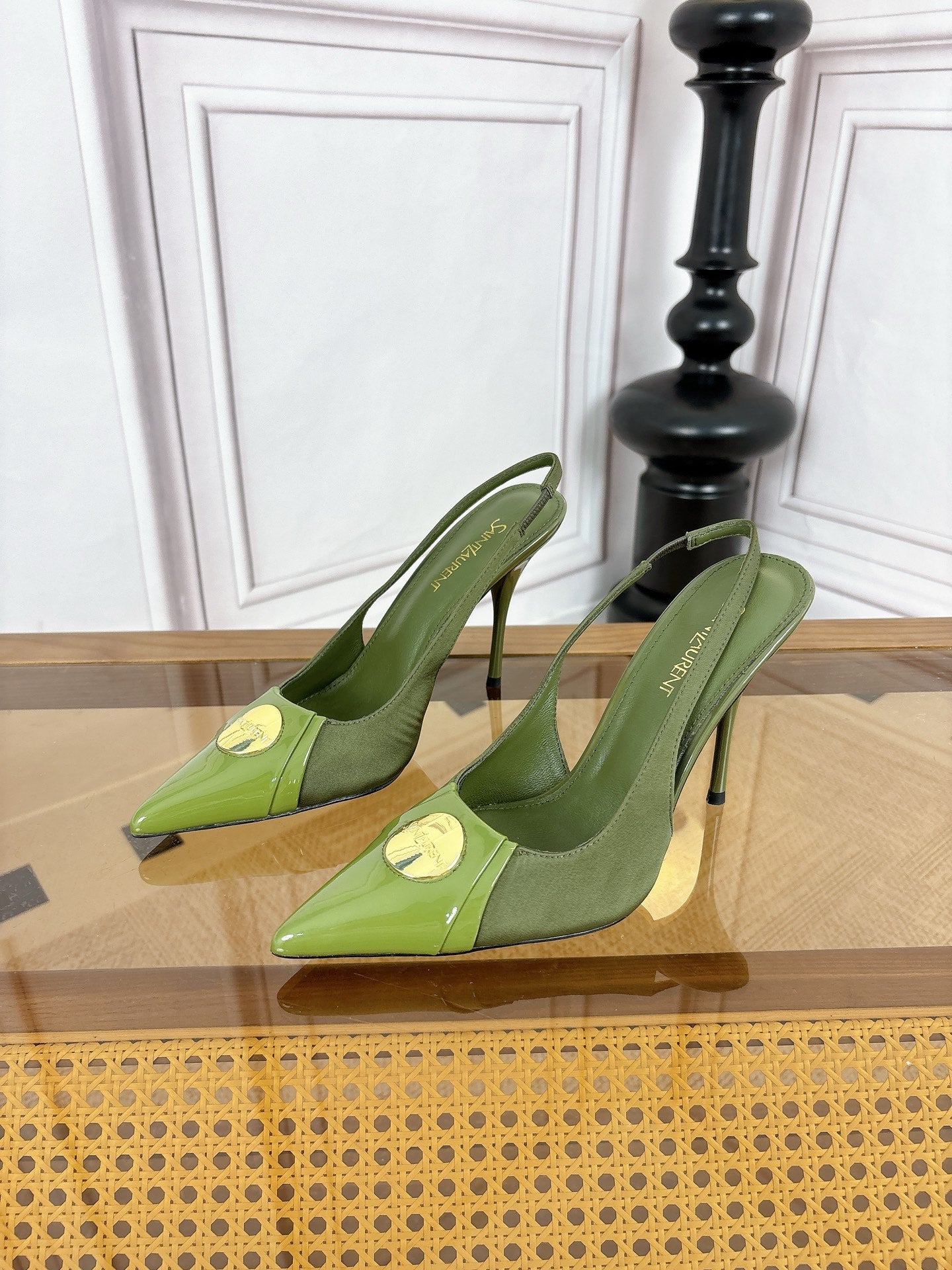 YSL Louis Slingback 10cm Olive Satin Patent Leather 932058