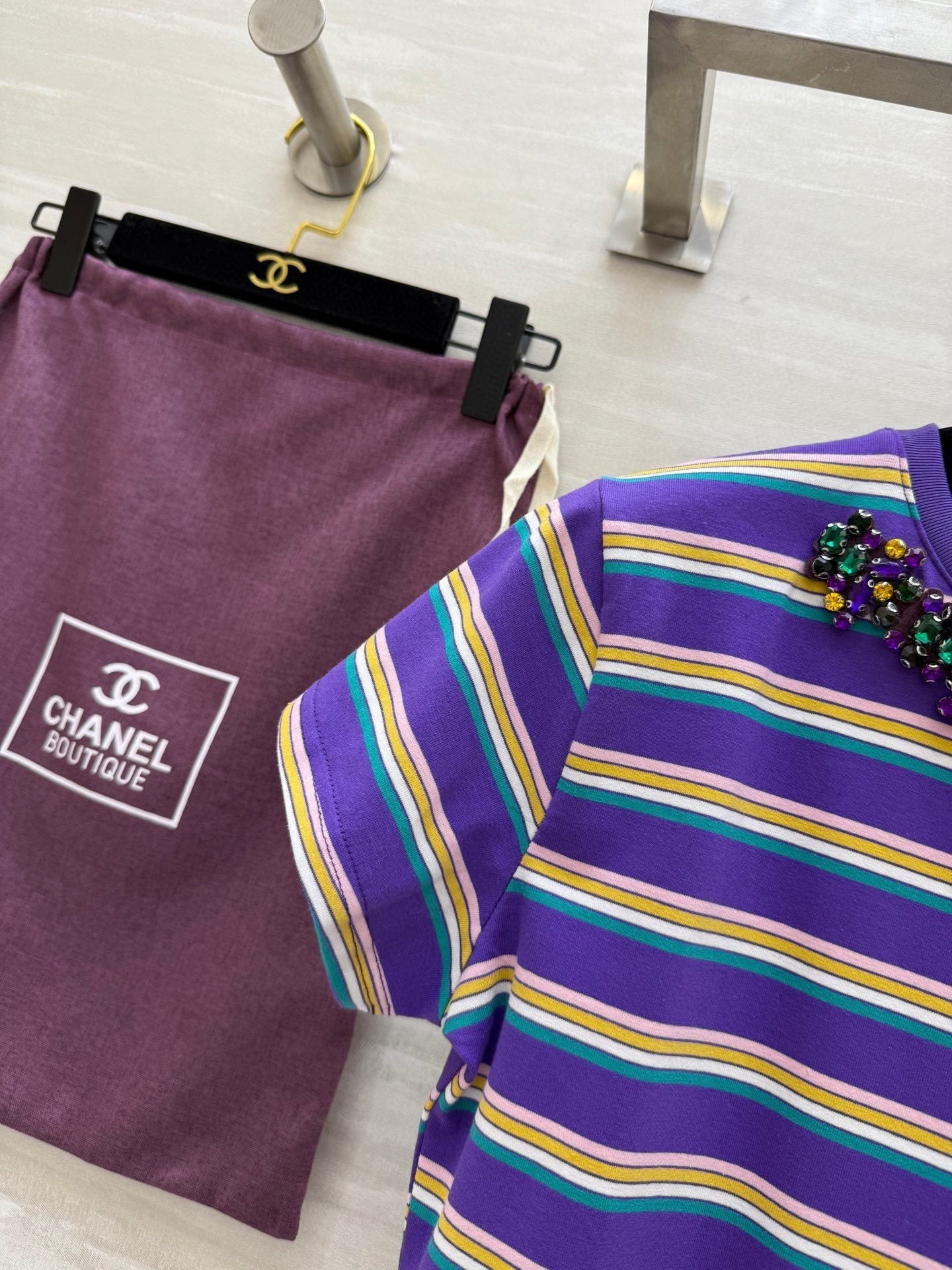 CC Strip Beaded T-shirt Purple Cotton