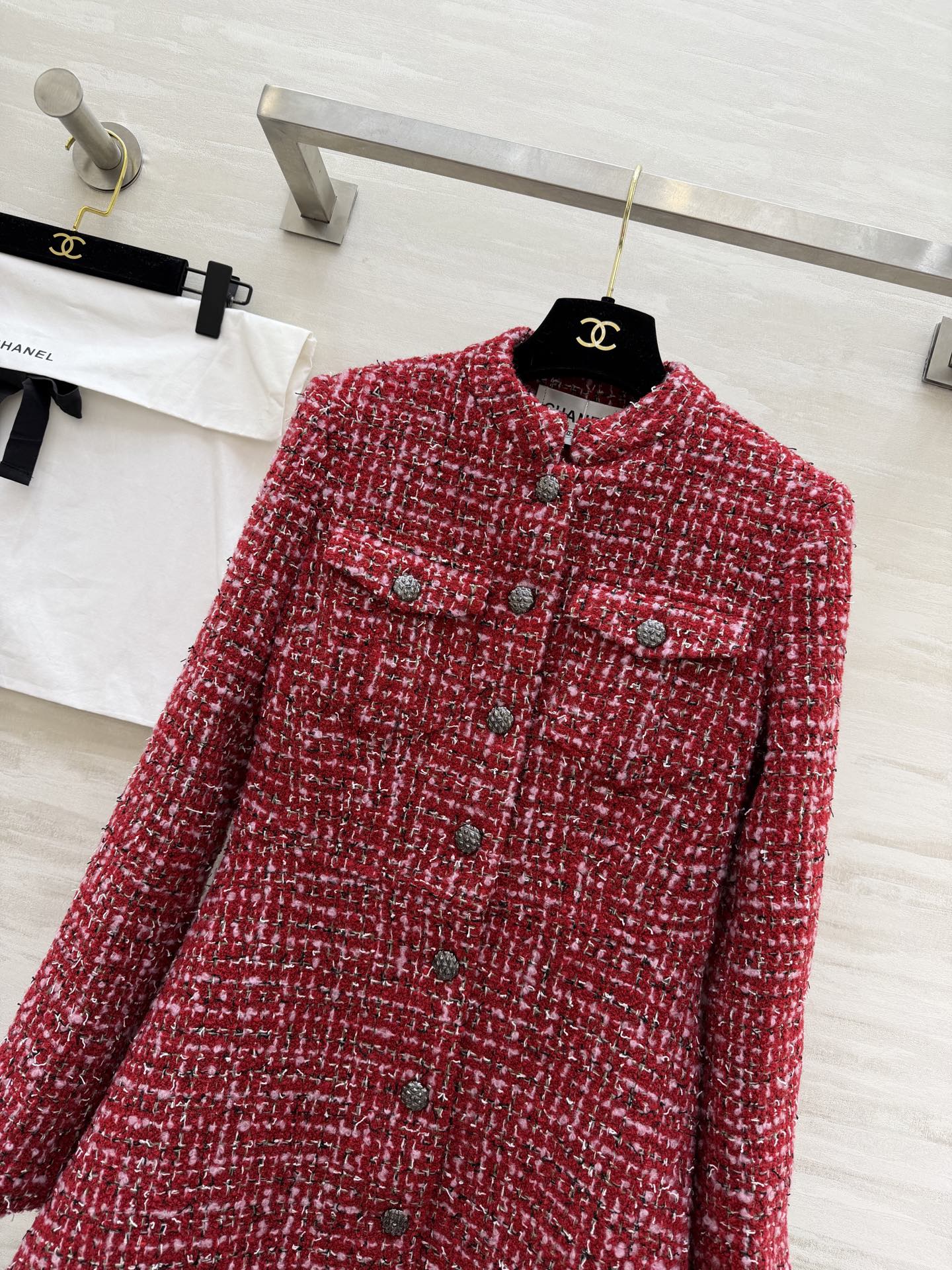 CC Woven Tweed Long-Sleeved Dress Red Pink Tweed 343197