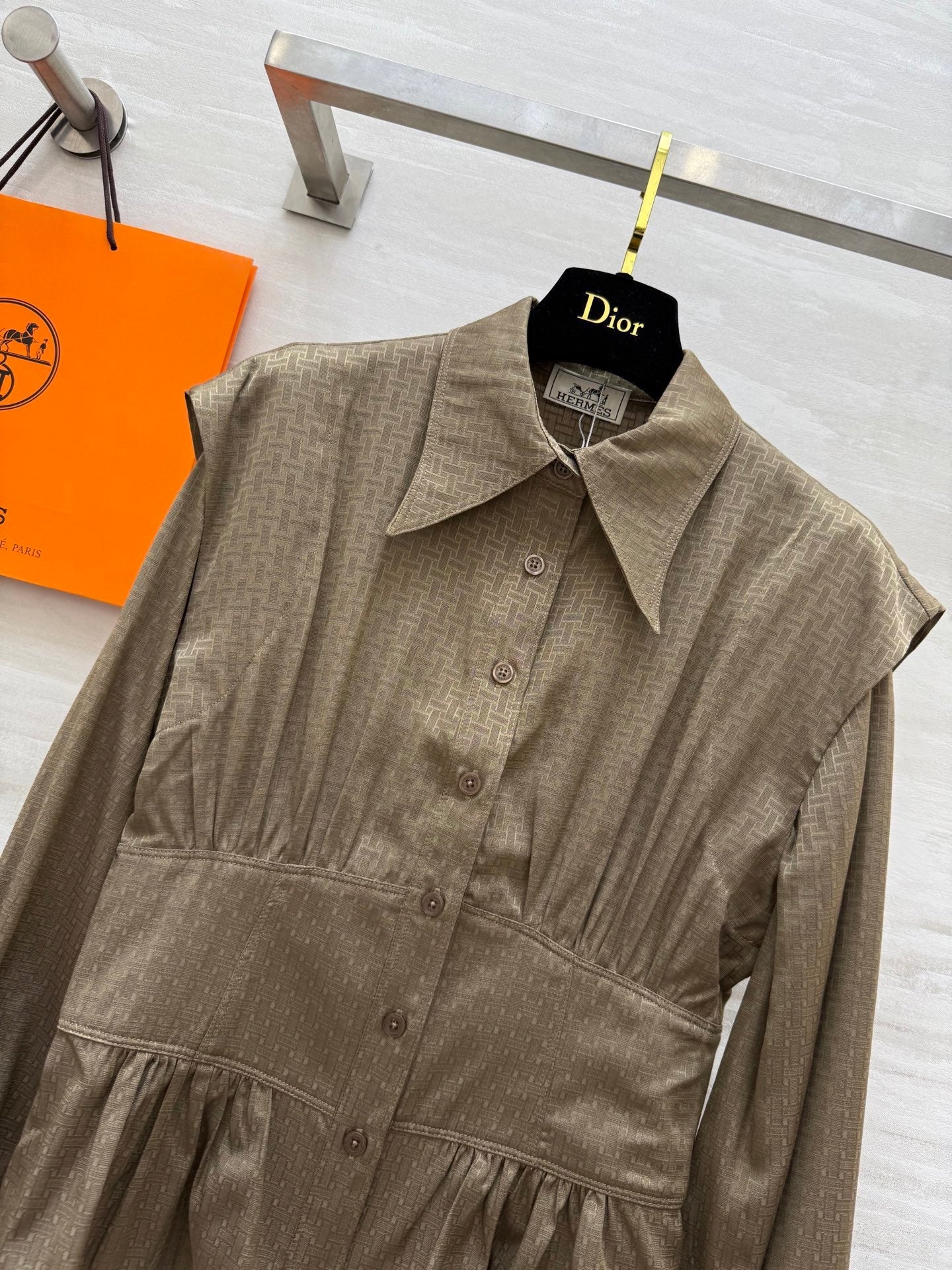 HM Jacquard Shirt with Slim Fit Taupe Silk Cotton 346526
