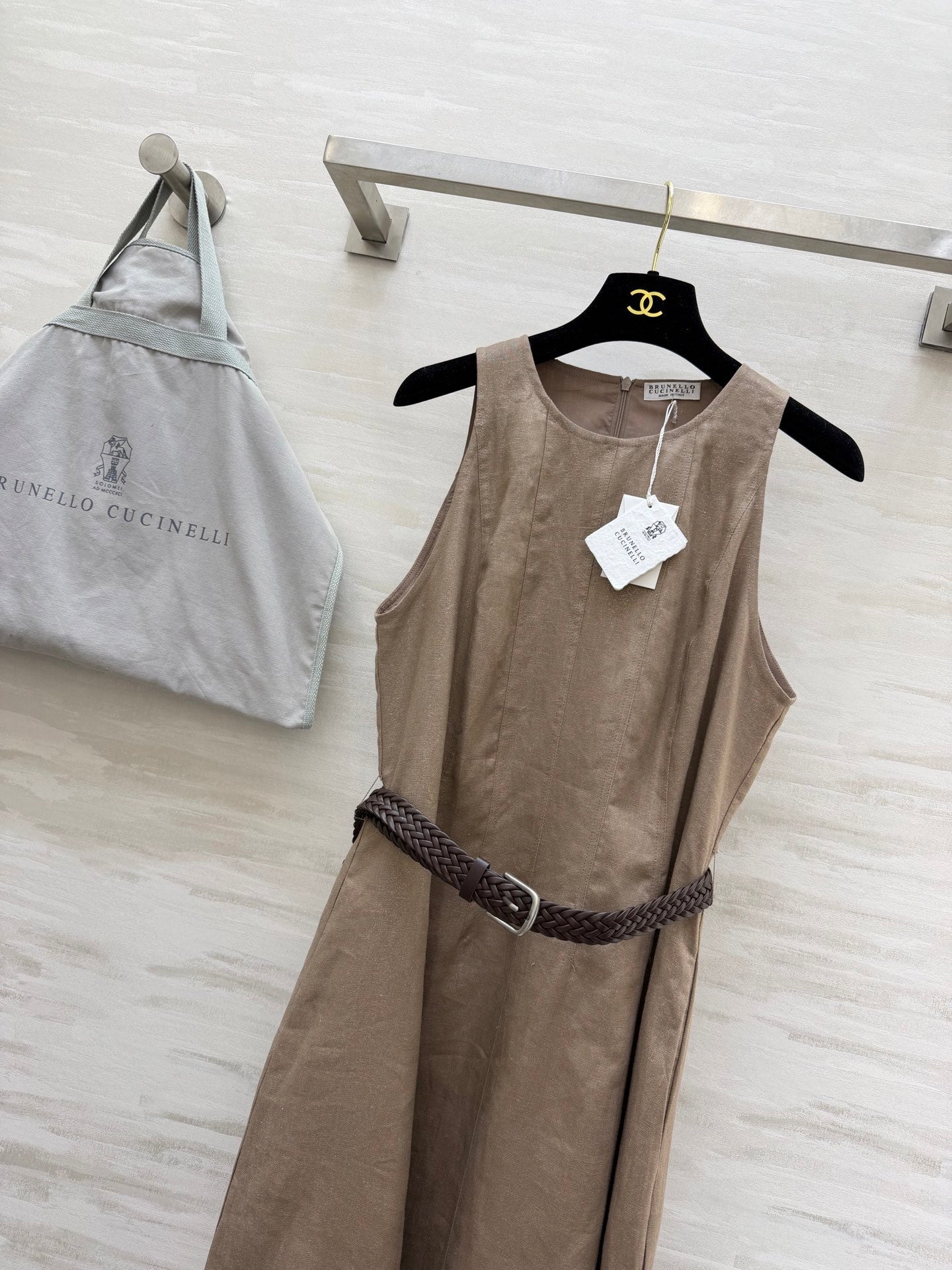 Brunello Cucinelli 26s Sparkling-Twill Maxi Dress Light Brown Cotton Linen