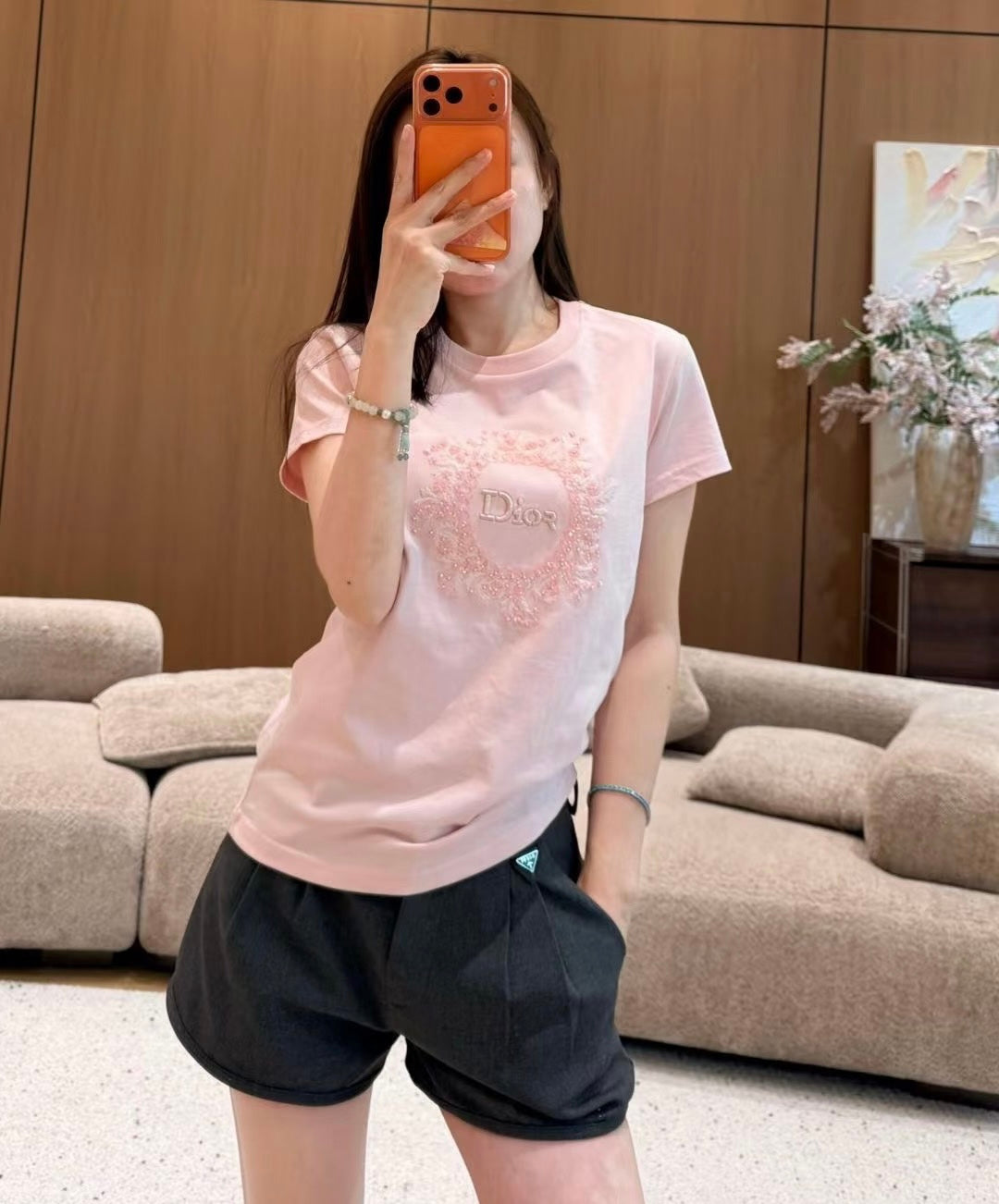 CD 26s T-shirt 3D Hand-Beaded Light Pink Cotton 363657