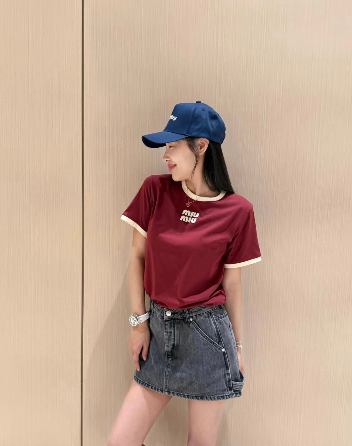 Miu 26s Ribbed Neck Letter T-Shirt Burgundy Cotton 363633