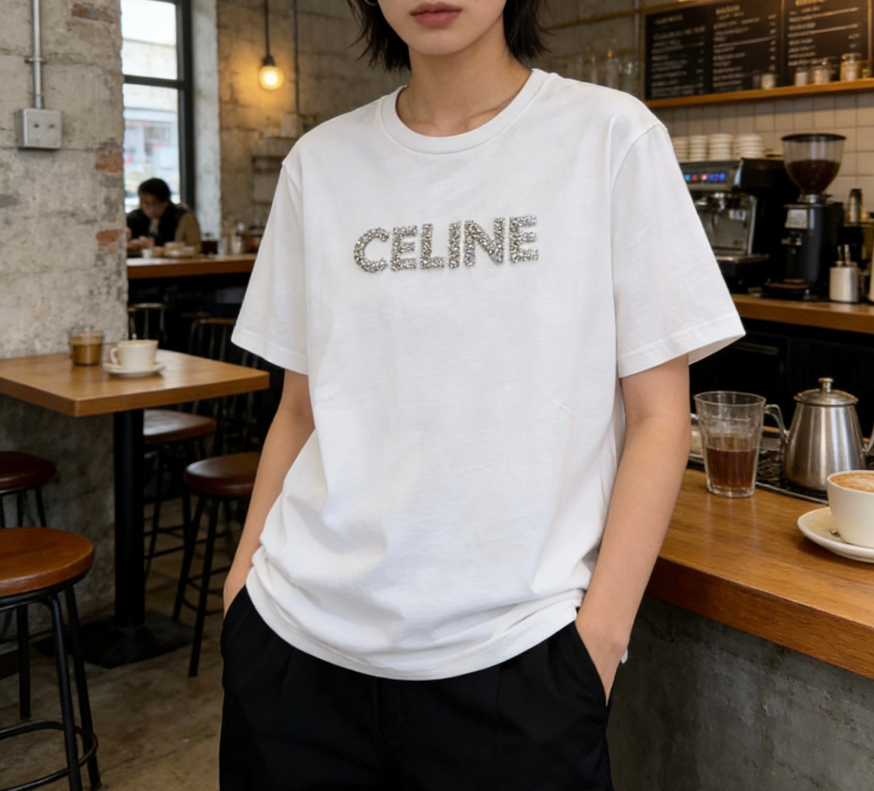 Celine 26s T-Shirt Rhinestone White Cotton 363624