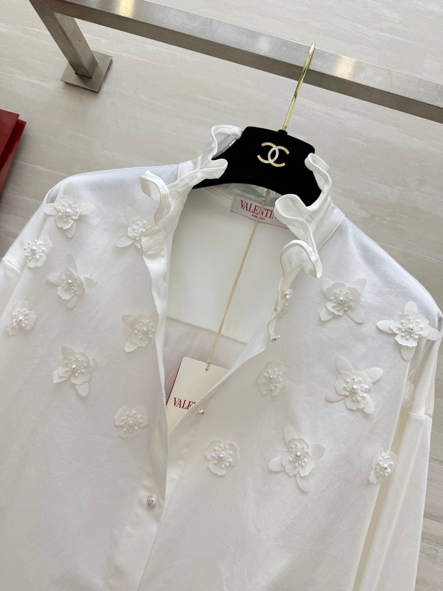 Valentino 26s Floral Ruffle Collar Shirt White Cotton 363576