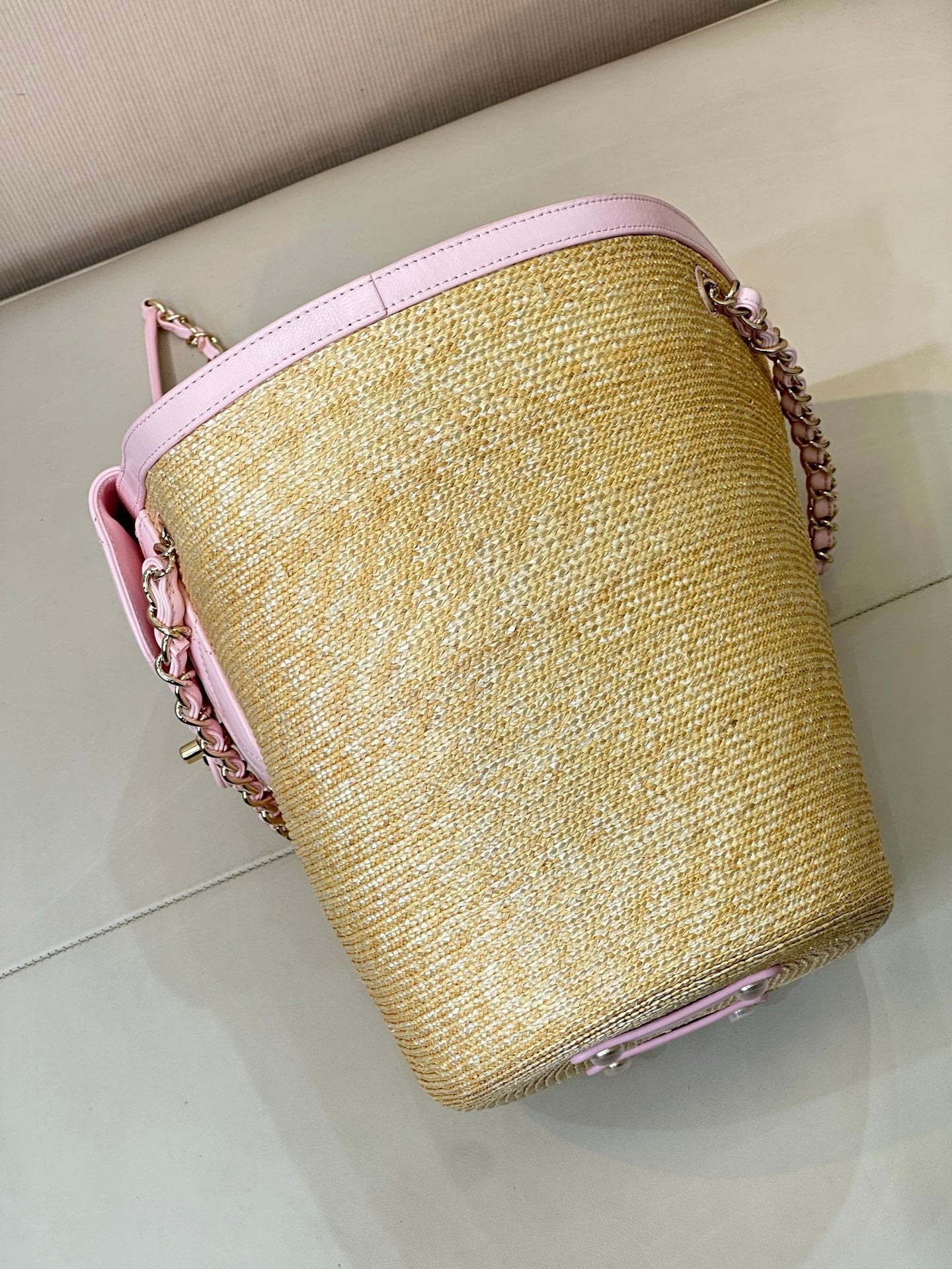 Chanel 2026 Shopping Bag 54cm Beige PInk Straw Lambskin