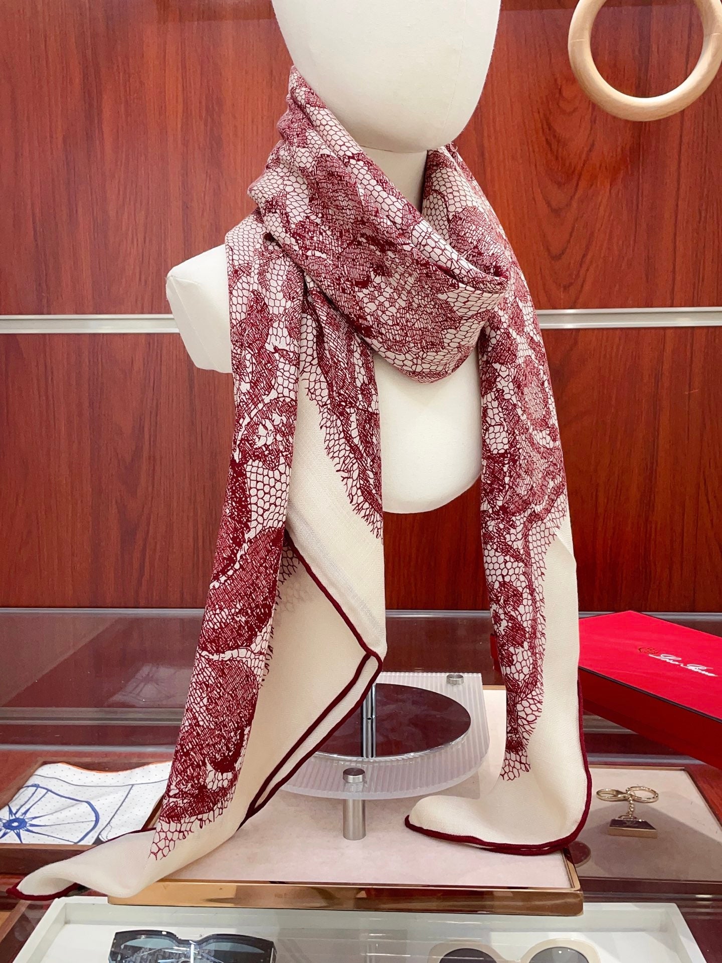Loro Piana Double-sided Scarf Red White Floral Patterned Cashmere Silk 150382