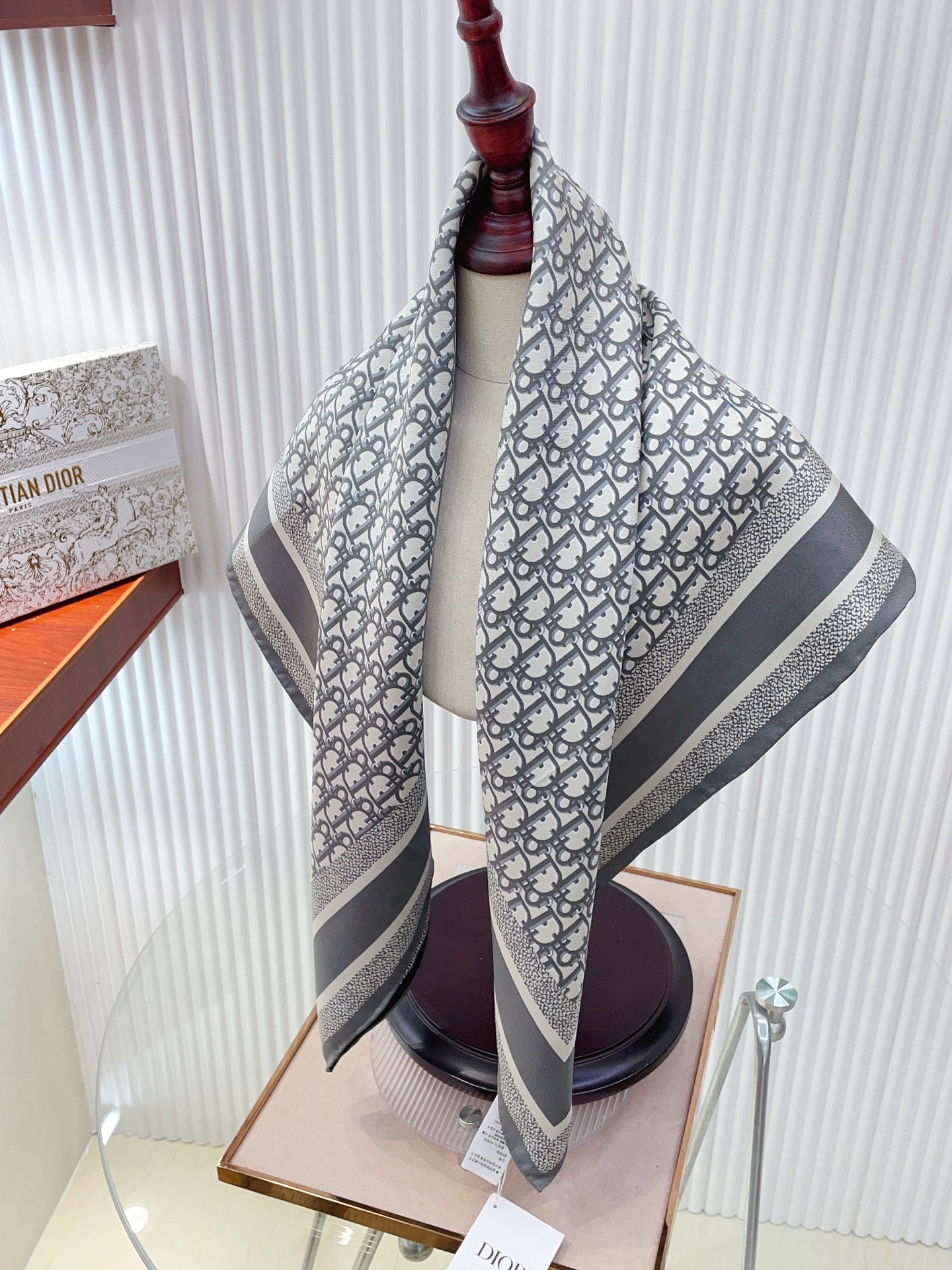 CD Diortwin Scarf 90x90 Grey Burgundy Colorful Twill Silk 215225