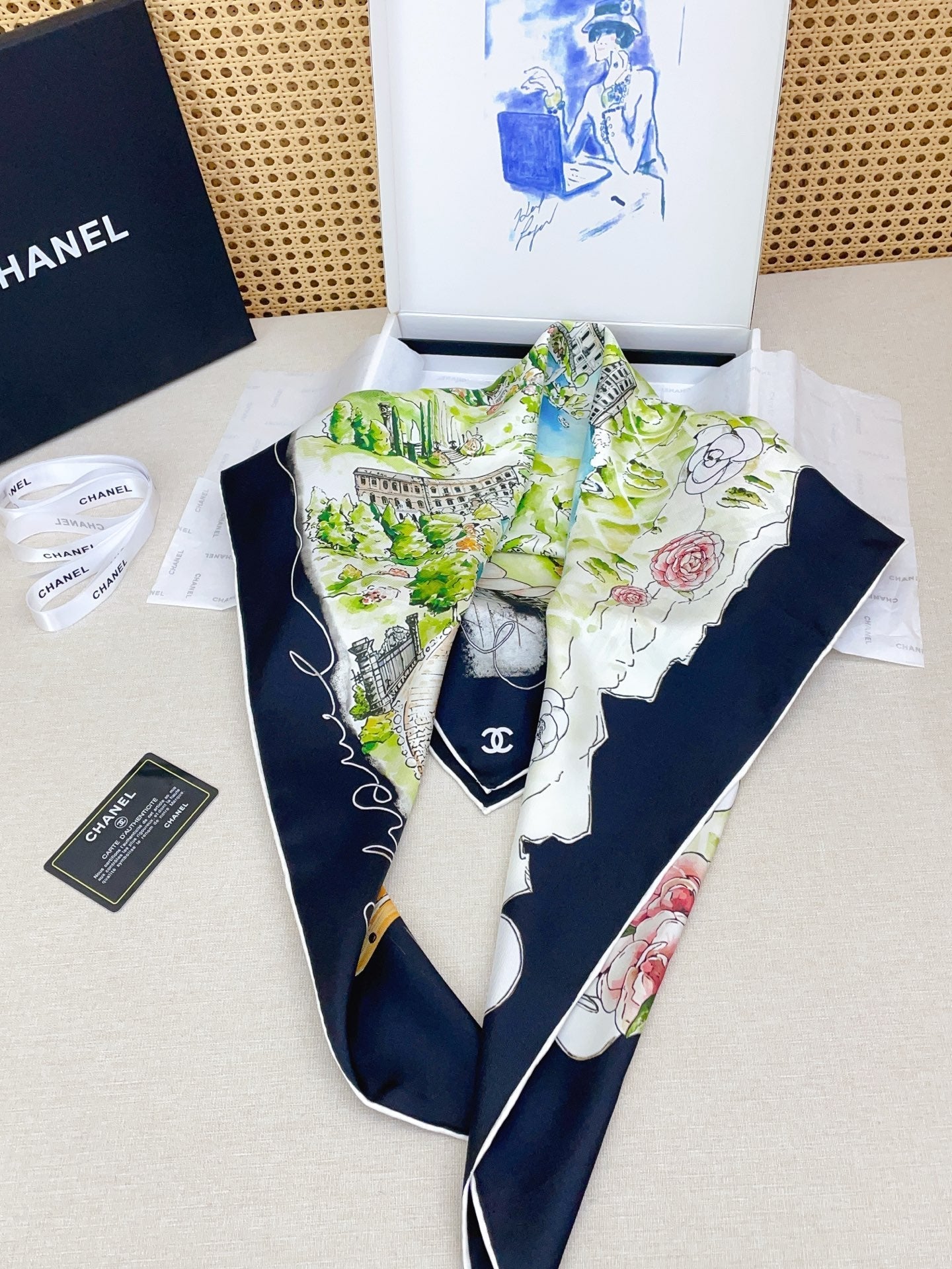 Chanel Square Scarf 90cm Navy Blue Multicolor Twill Silk 136607