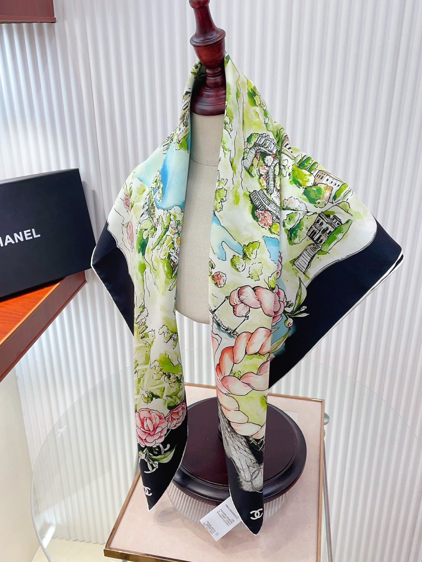 Chanel Square Scarf 90cm Navy Blue Multicolor Twill Silk 136607