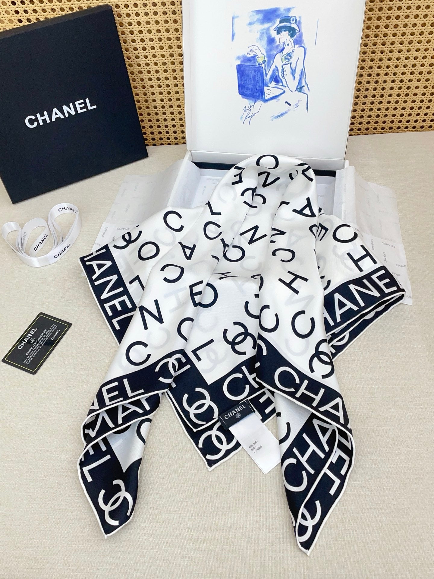 CC Double-Sided Scarf 90cm White Twill Silk 150372