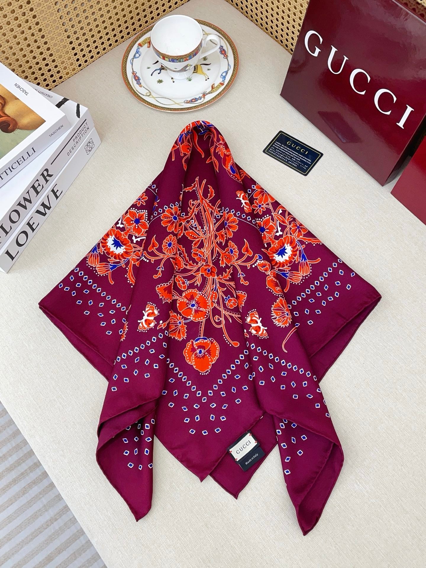 GG Scarf 90x90cm Wine Red Colorful Silk Twill 209920