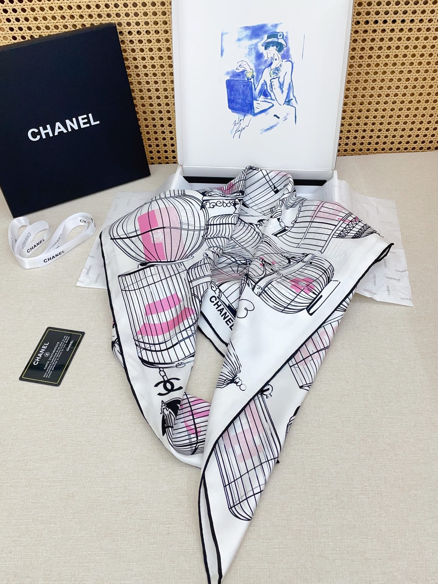 CC Birdcage Scarf 90x90cm White Colorful Silk Twill 209924
