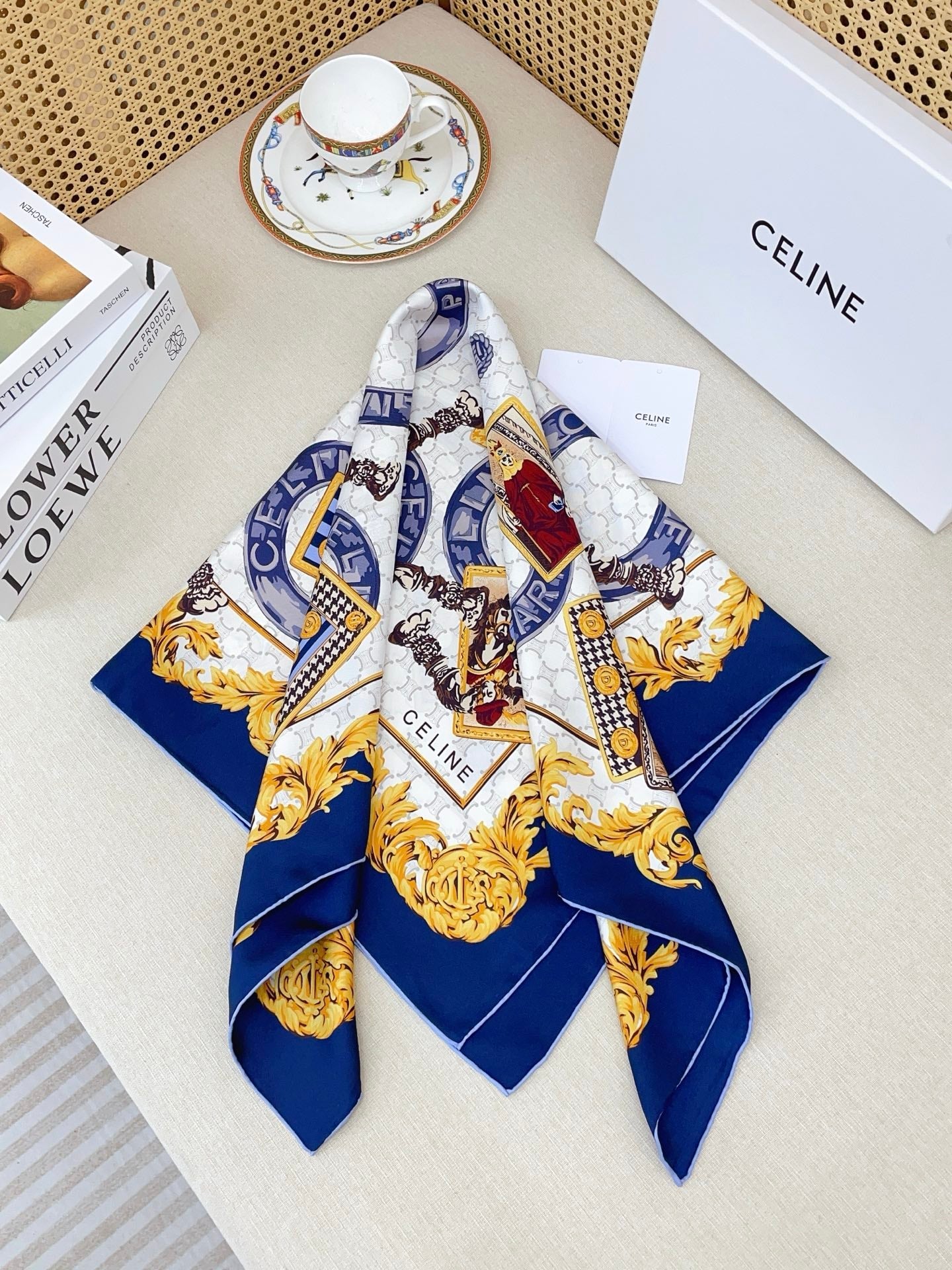Celine 26s Scarf 90x90 Navy Blue Colorful Twill Silk 212024