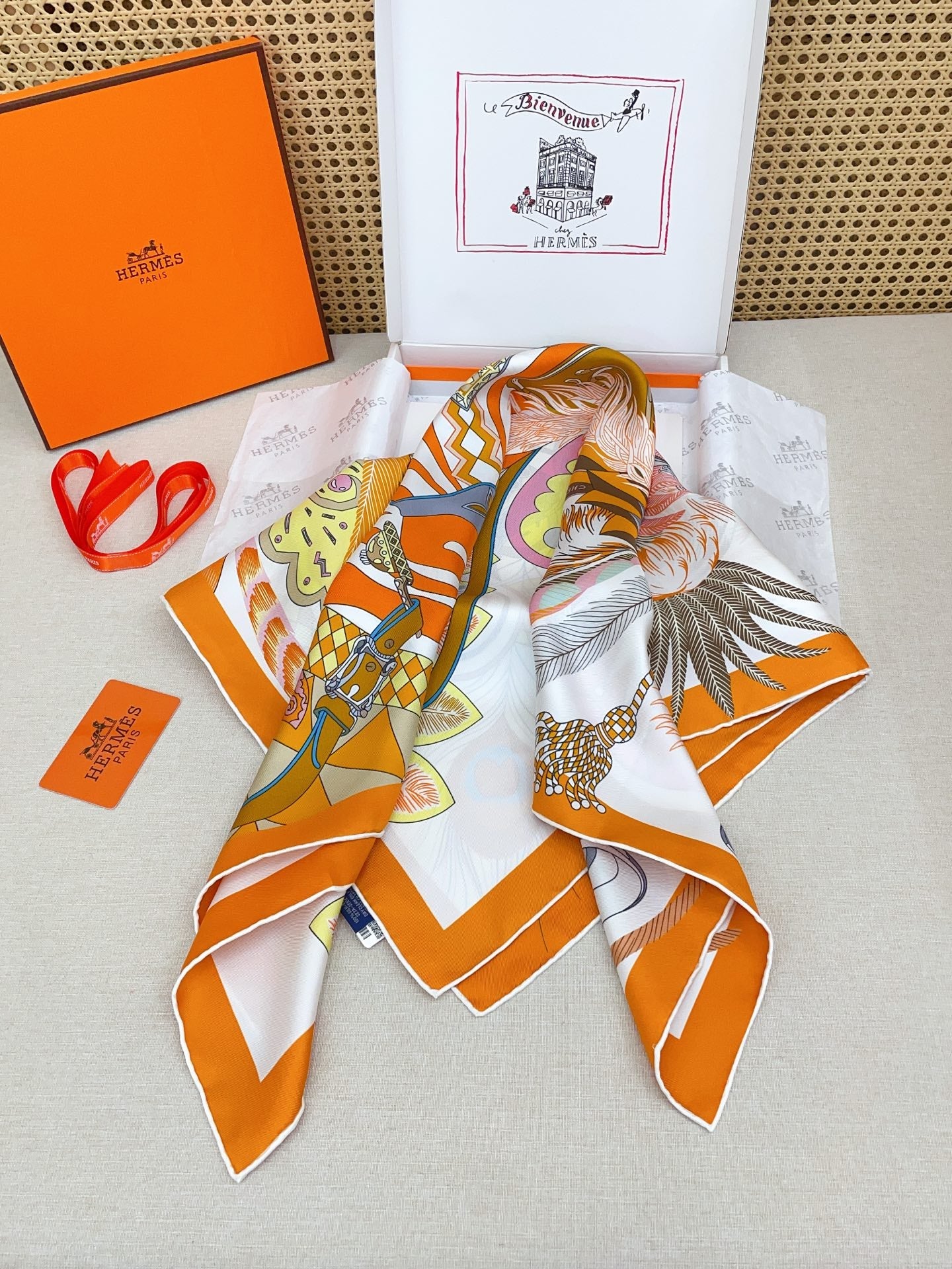 HM Cheval Masque Scarf 90x90 Orange Colorful Twill Silk 215226