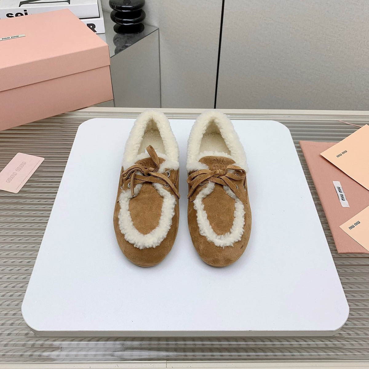 Miu 26s Suede Shearling Moccasin Loafers Tan 160281