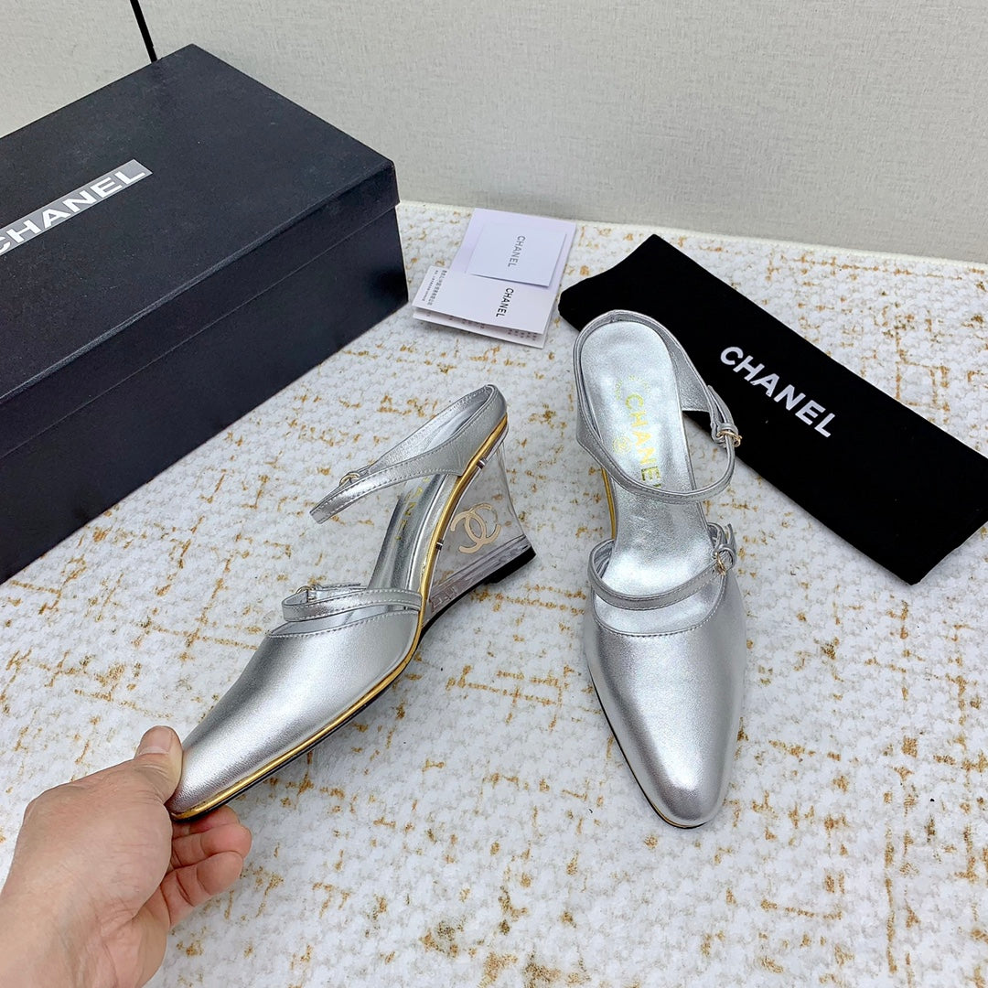 CC 26s Wedge Sandals 10cm Silver Leather 163572