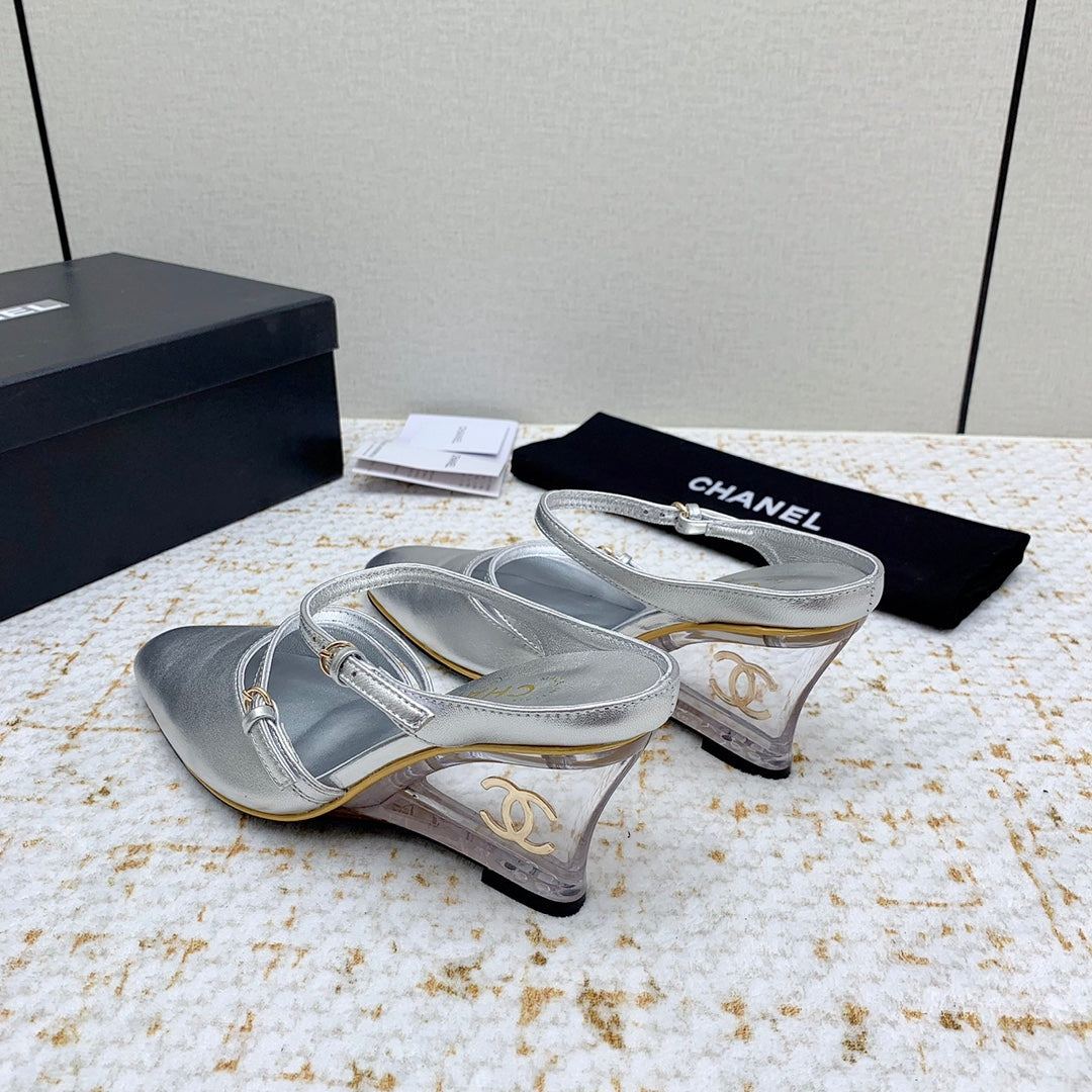 CC 26s Wedge Sandals 10cm Silver Leather 163572