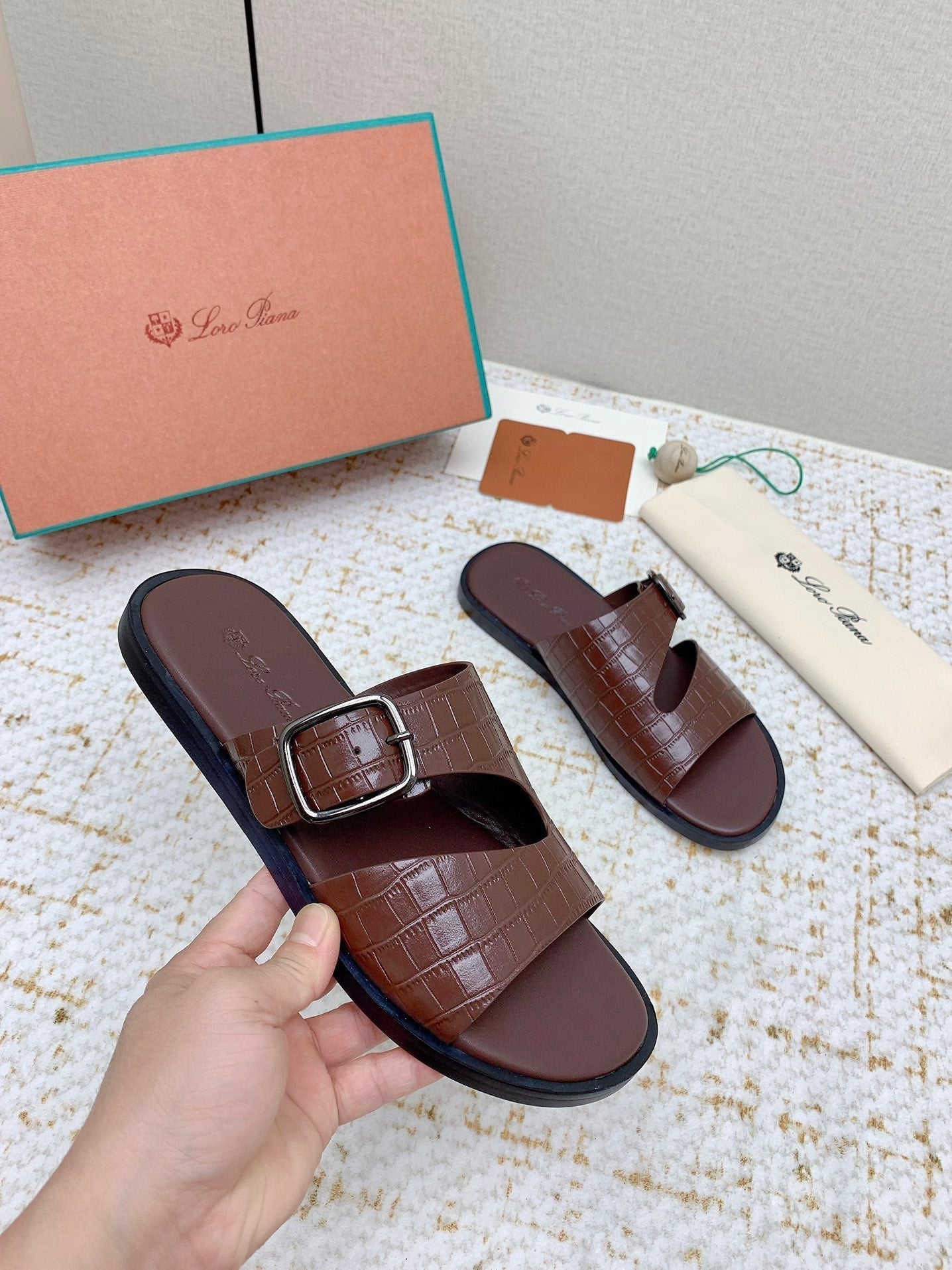 LP Men Sandals In Burgundy Snake Embossed Calfskin