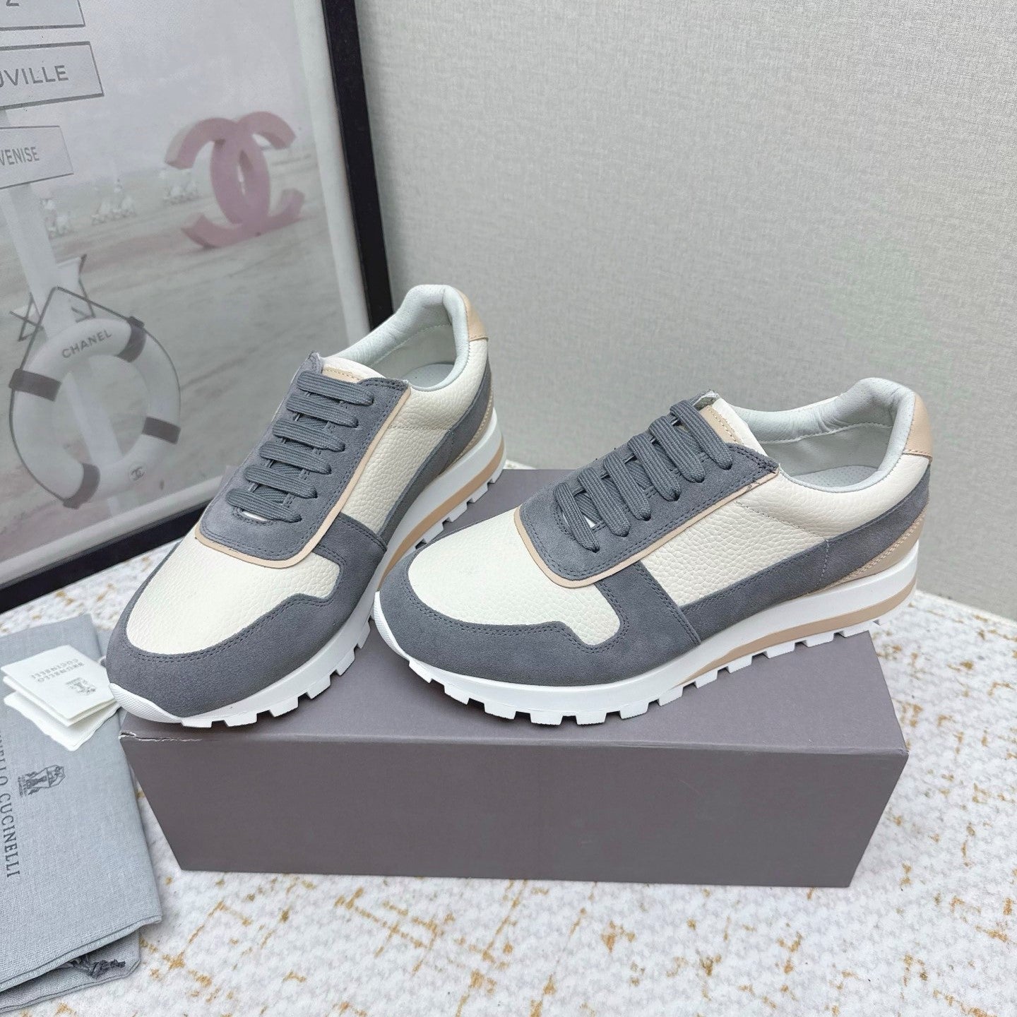 Brunello Panelled Sneakers Ivory Dark Grey Grain Leather Suede 625362