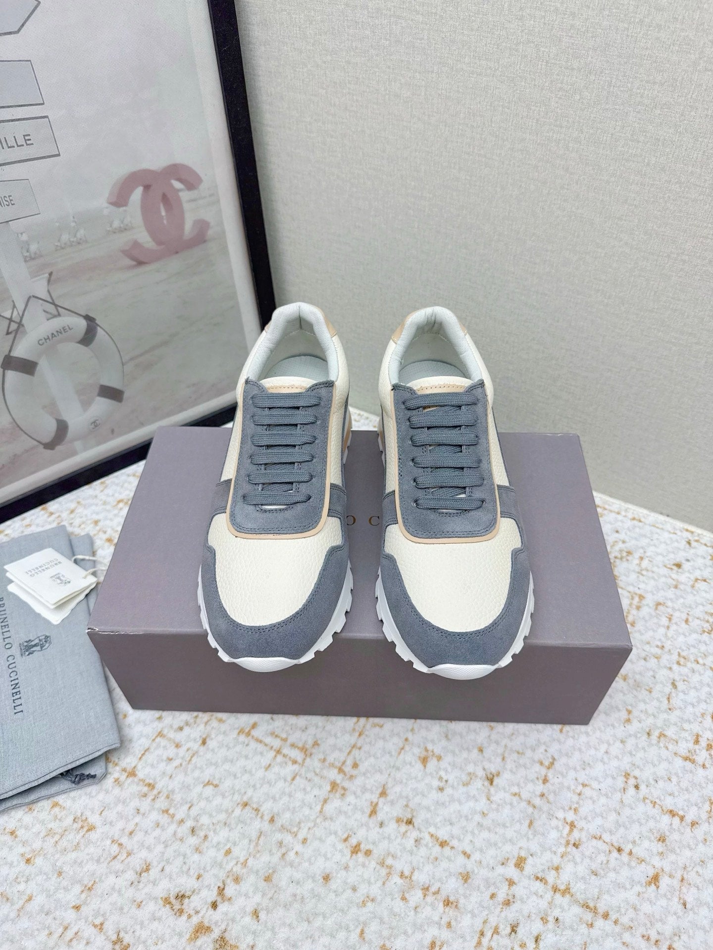 Brunello Panelled Sneakers Ivory Dark Grey Grain Leather Suede 625362
