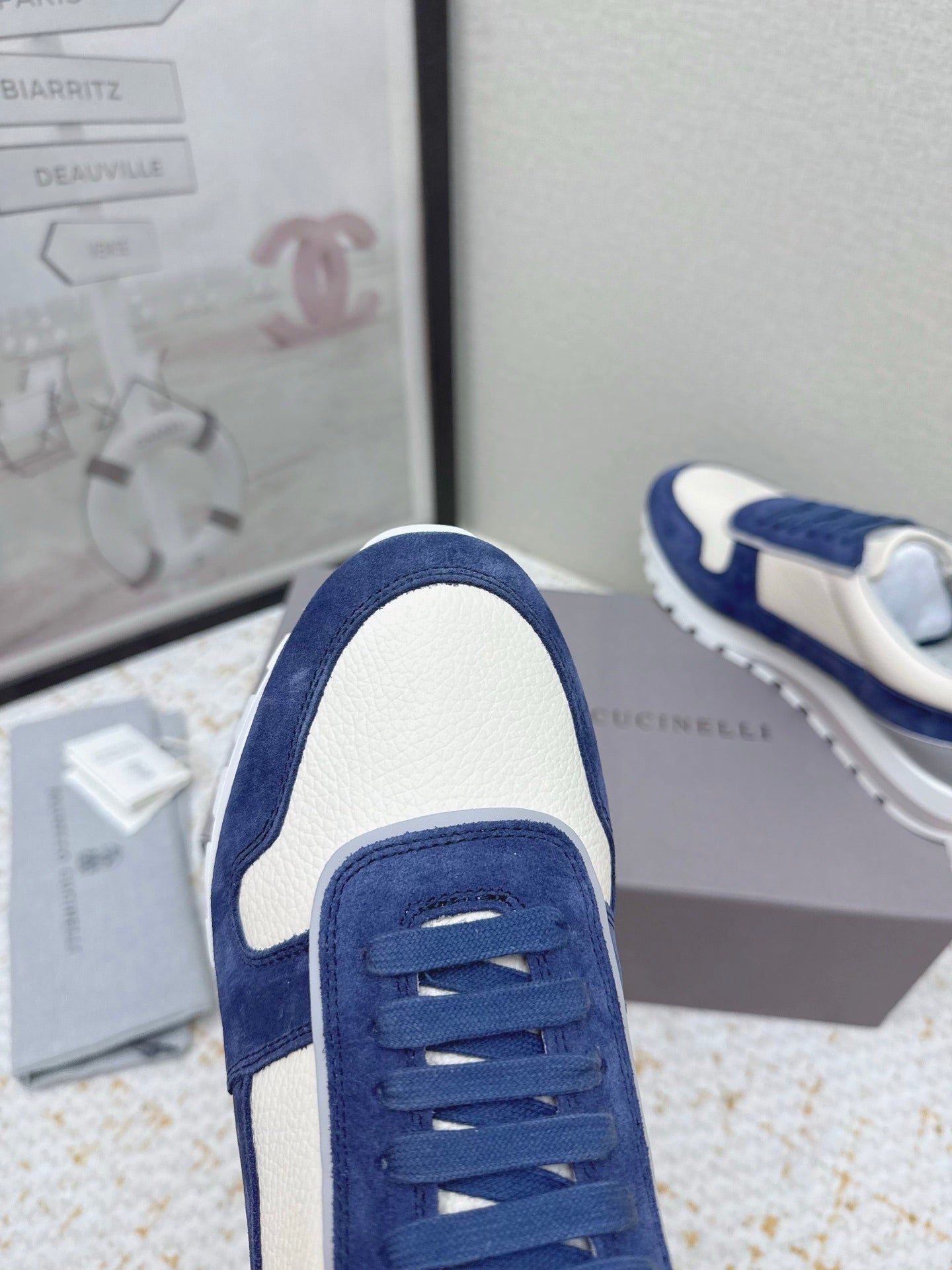 Brunello Panelled Sneakers Ivory Blue Grain Leather Suede 625363