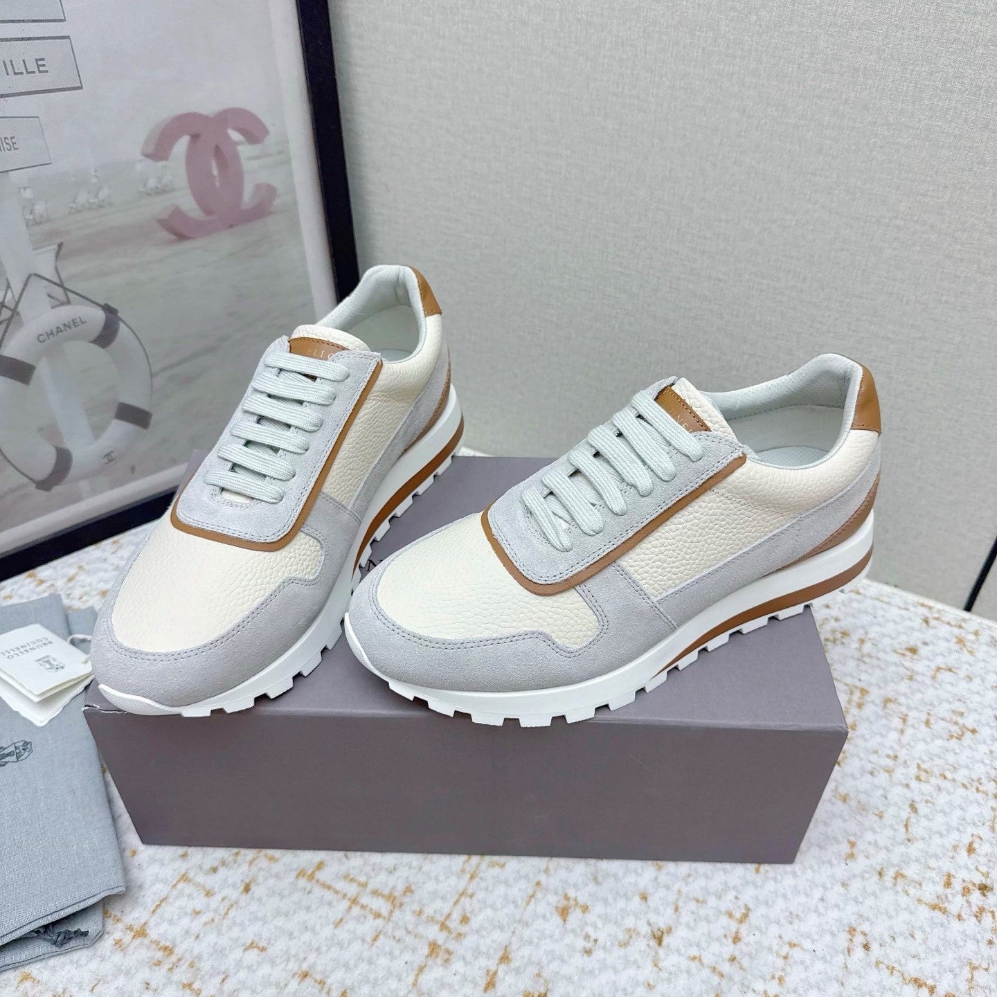 Brunello Panelled Sneakers Ivory Grey Grain Leather Suede 625366