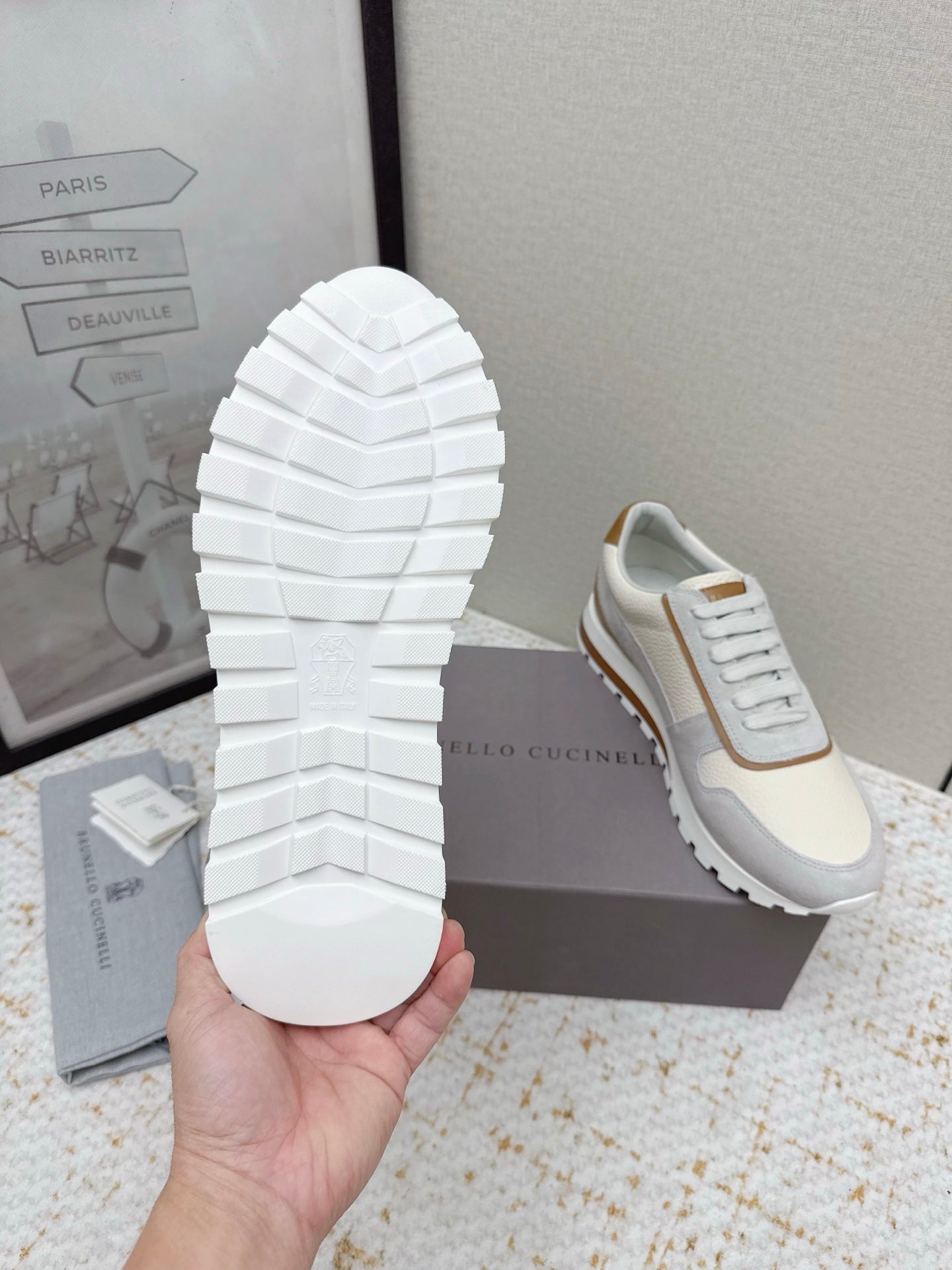 Brunello Panelled Sneakers Ivory Grey Grain Leather Suede 625366
