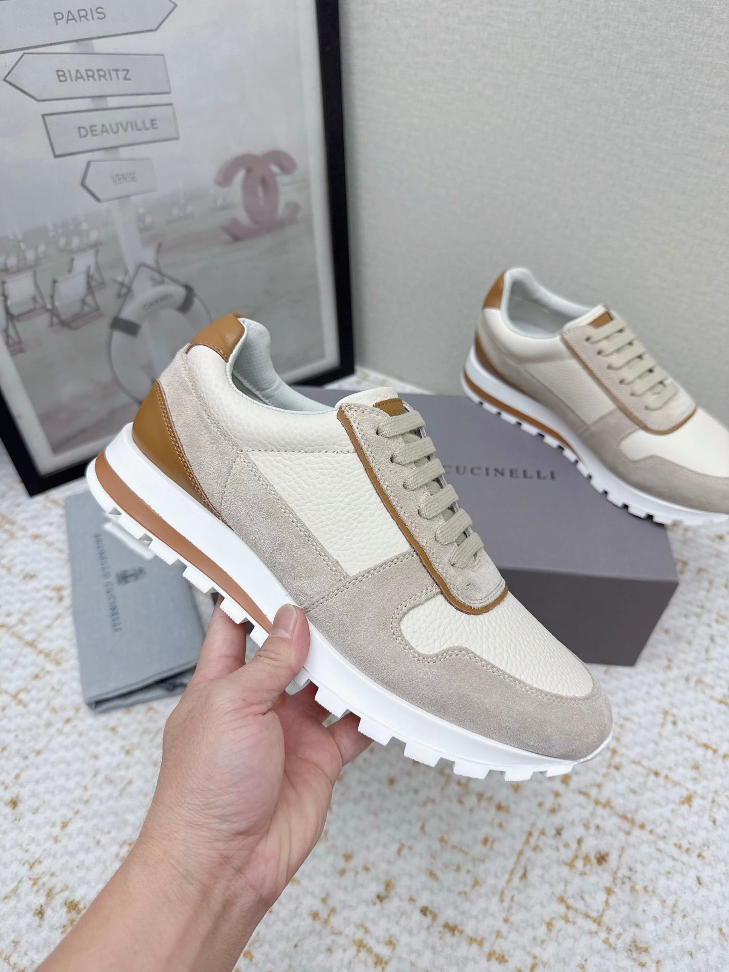 Brunello Panelled Sneakers Beige Taupe Grain Leather Suede 625367