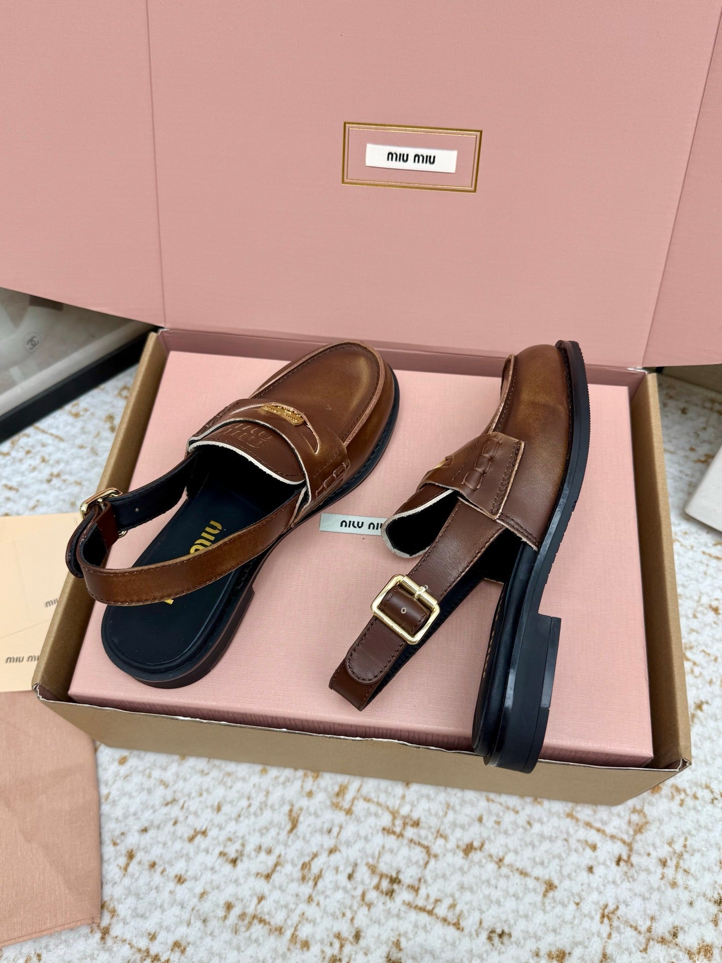 Miu Vintage-Effect Penny Slingback Faded Brown Leather 791000