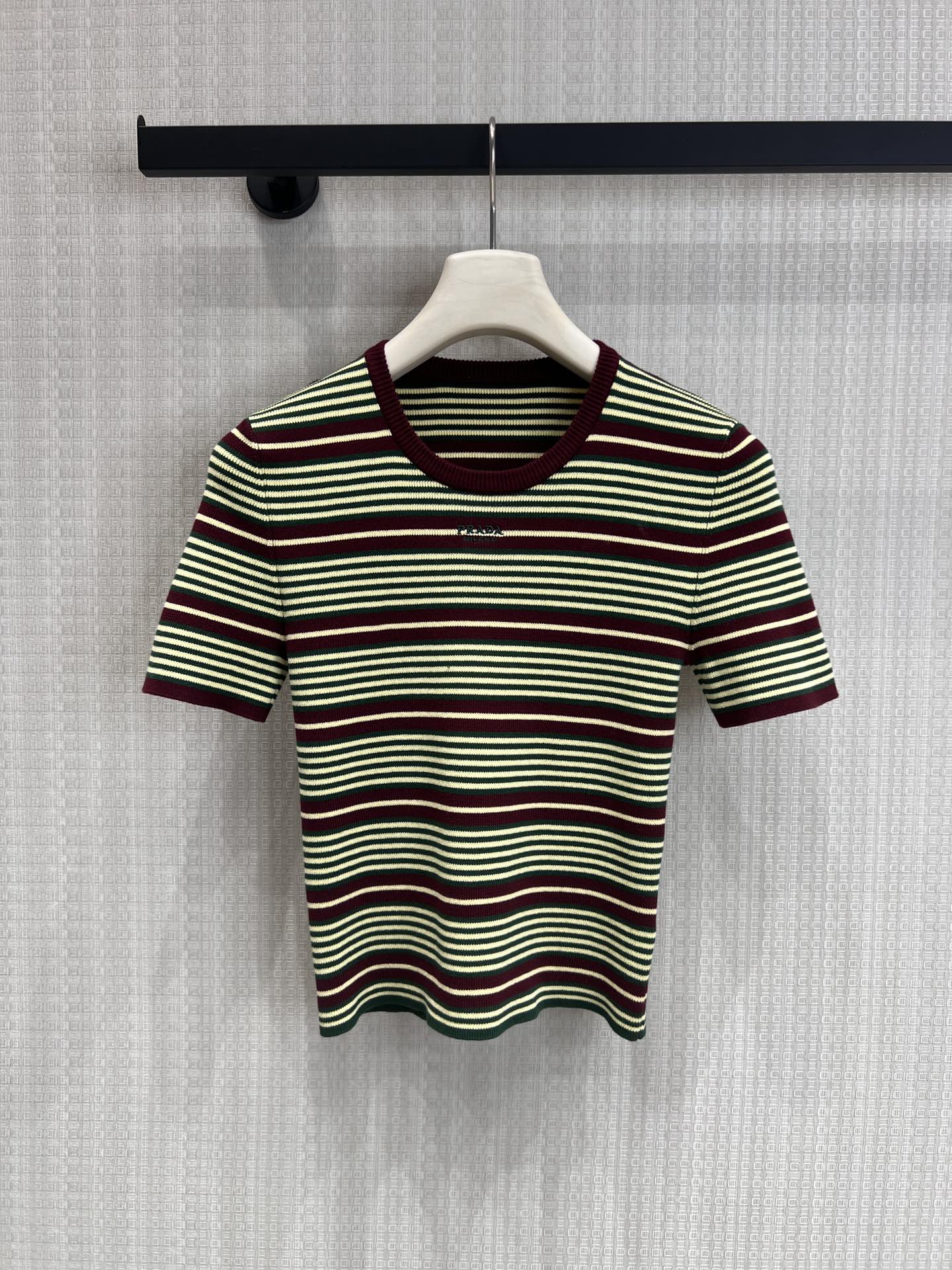 Prada Short-Sleeved Striped Sweater Green Brown Cotton