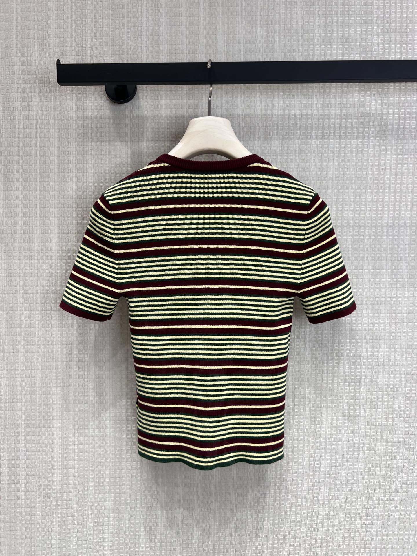 Prada Short-Sleeved Striped Sweater Green Brown Cotton