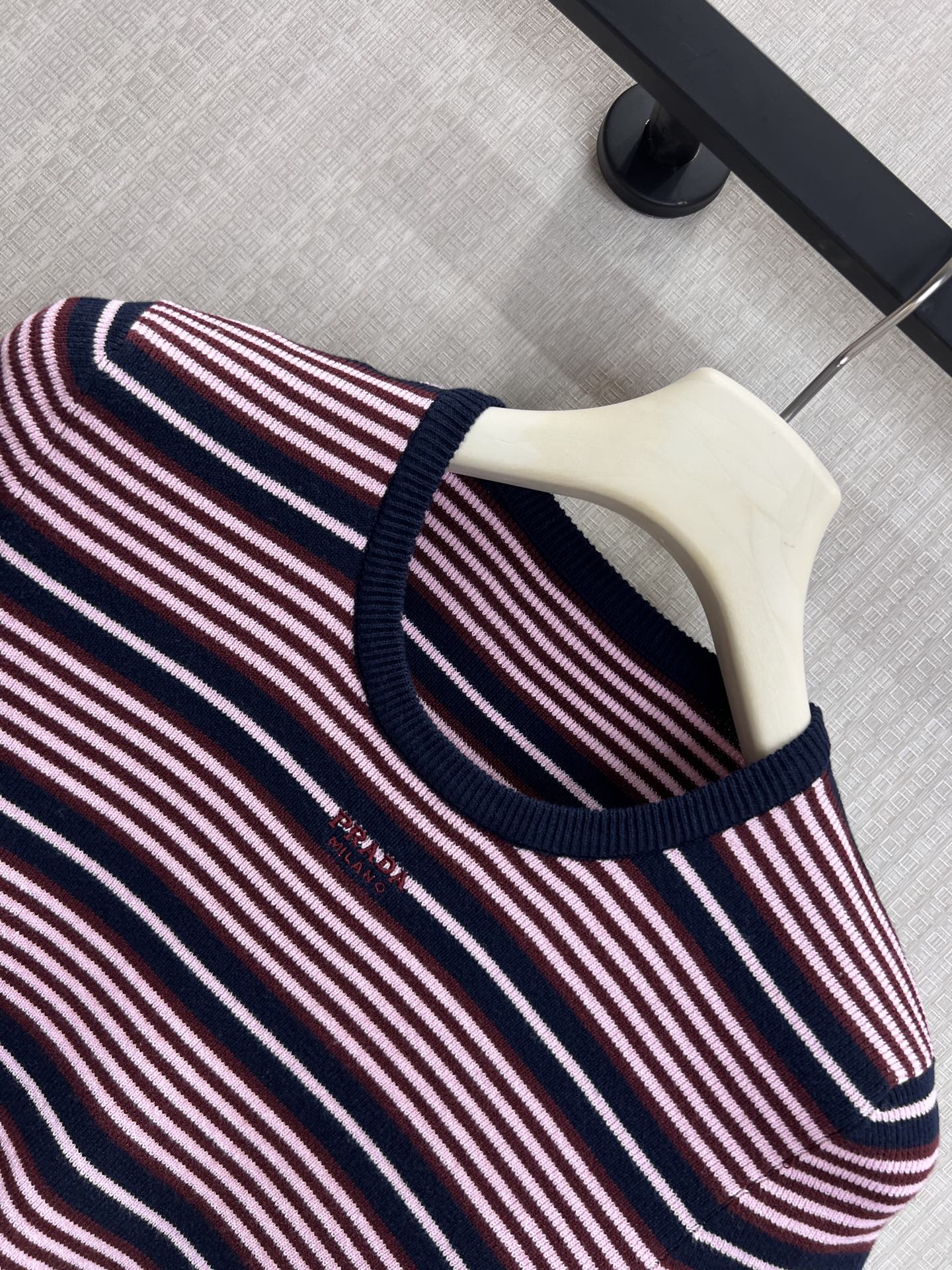 Prada Short-Sleeved Striped Sweater Black Pink Cotton