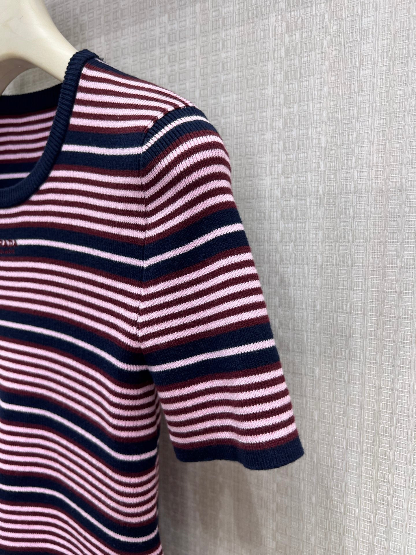 Prada Short-Sleeved Striped Sweater Black Pink Cotton