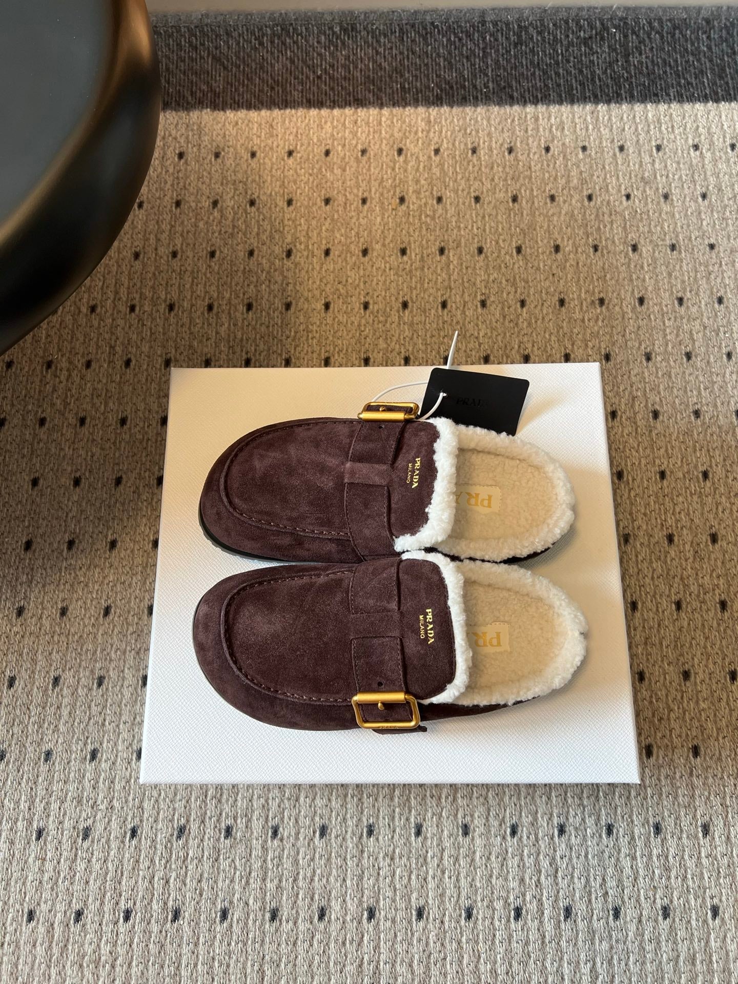 Prada 26s Clogs Dark Brown Suede Shearling 971693
