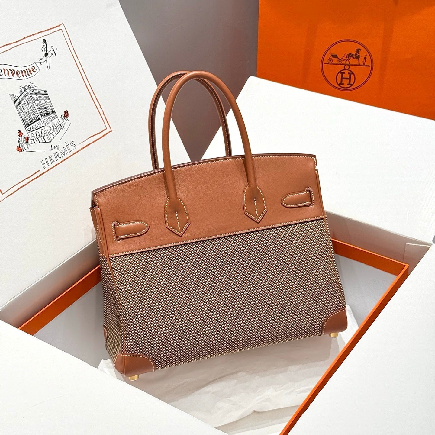 HM Birkin 30cm Golden Brown Swift Cowhide With Waffe Brown Canvas Fabric Ghw 249972