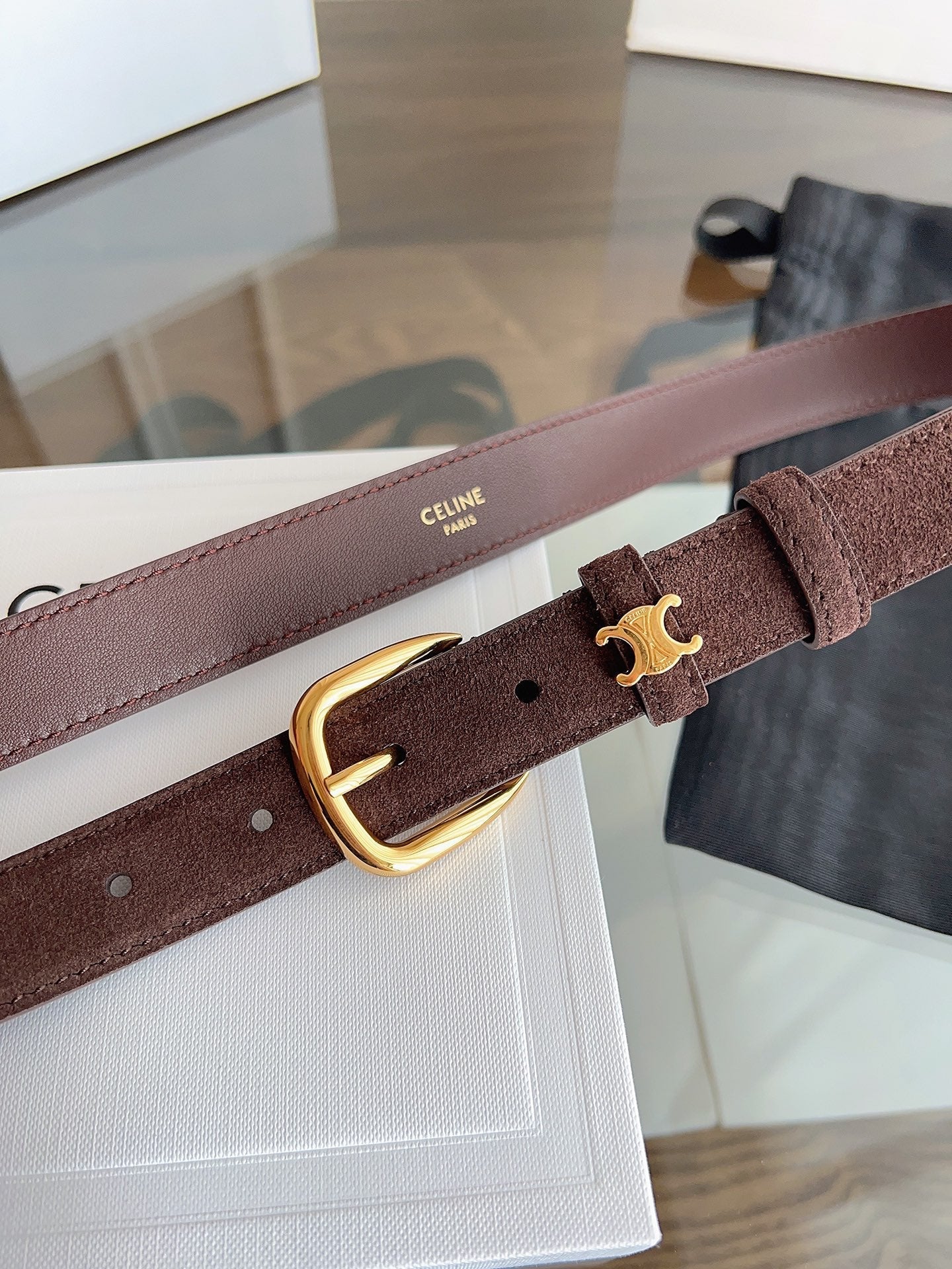 CL Gold 25mm Triomphe Metal Ring Brown Suede 616259