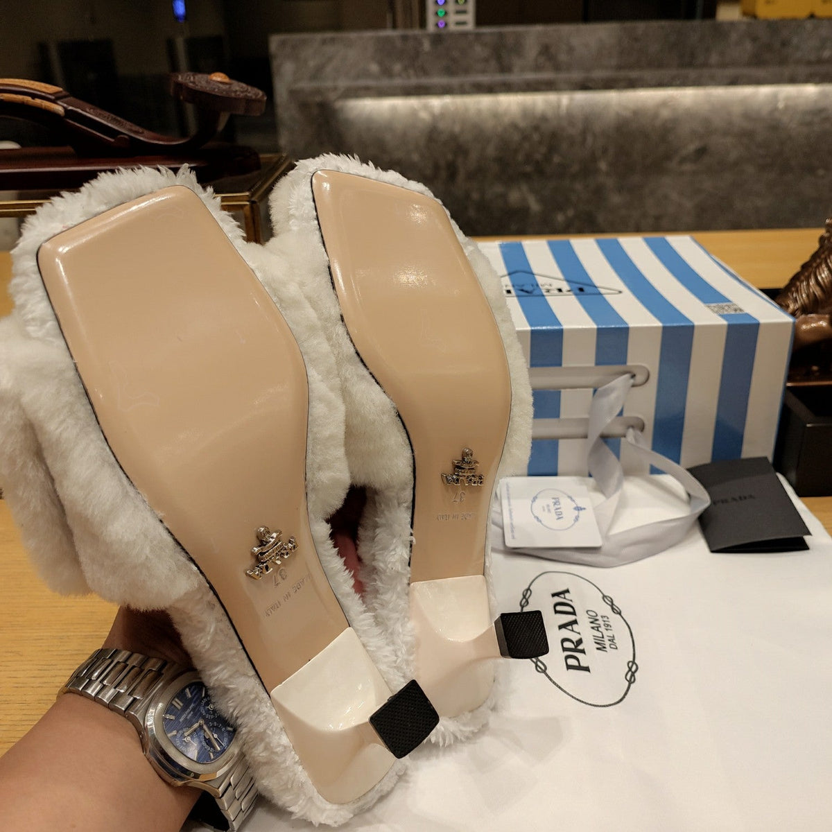 Prada 26s Slides 3cm Cream Triangle Logo Sandals 109464