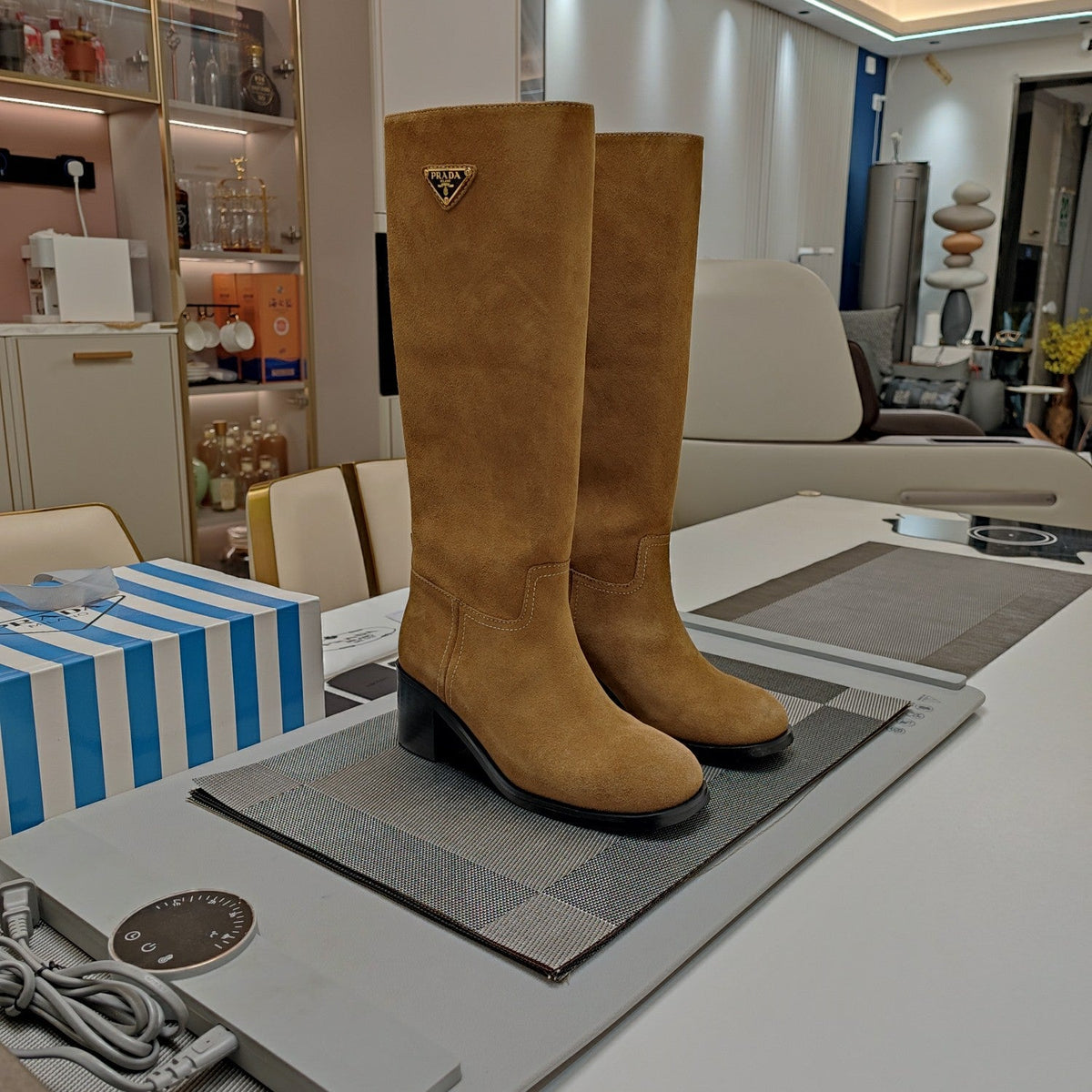 Prada 26s Triangle Logo Knee-High Boots 5.5cm Cognac Suede Leather 109479