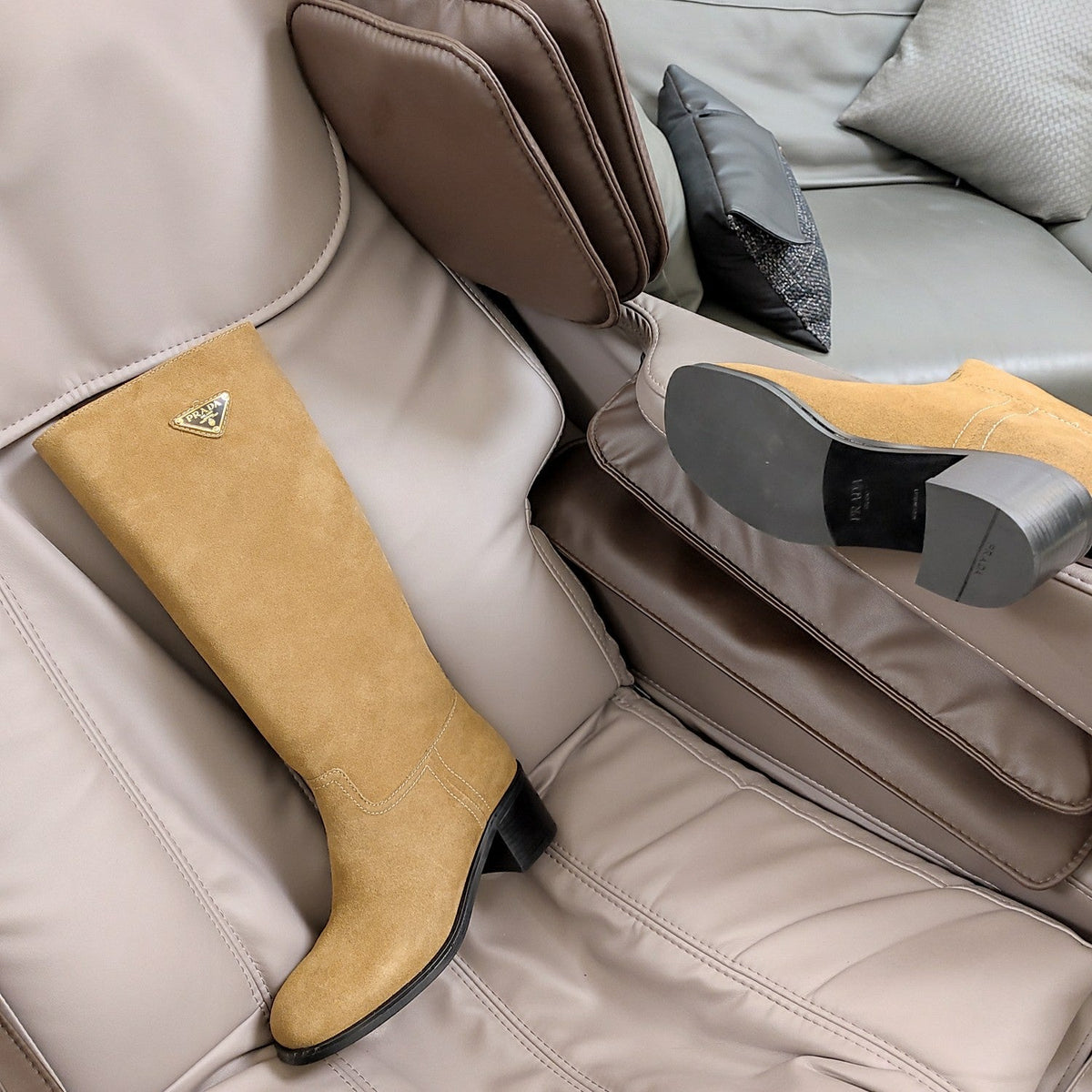 Prada 26s Triangle Logo Knee-High Boots 5.5cm Cognac Suede Leather 109479