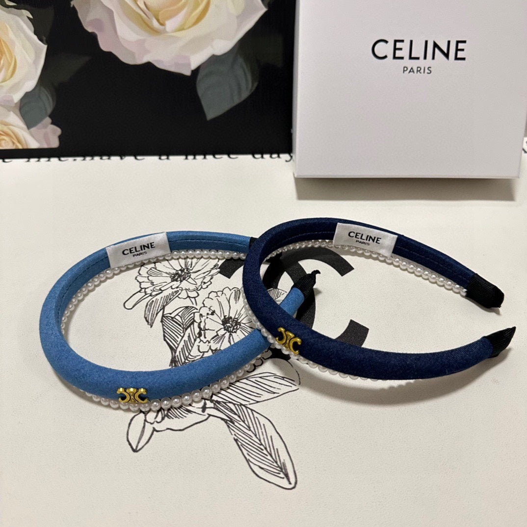 NAVY BLUE DENIM FABRIC HAIRBAND WITH PEARL CHAIN 400483