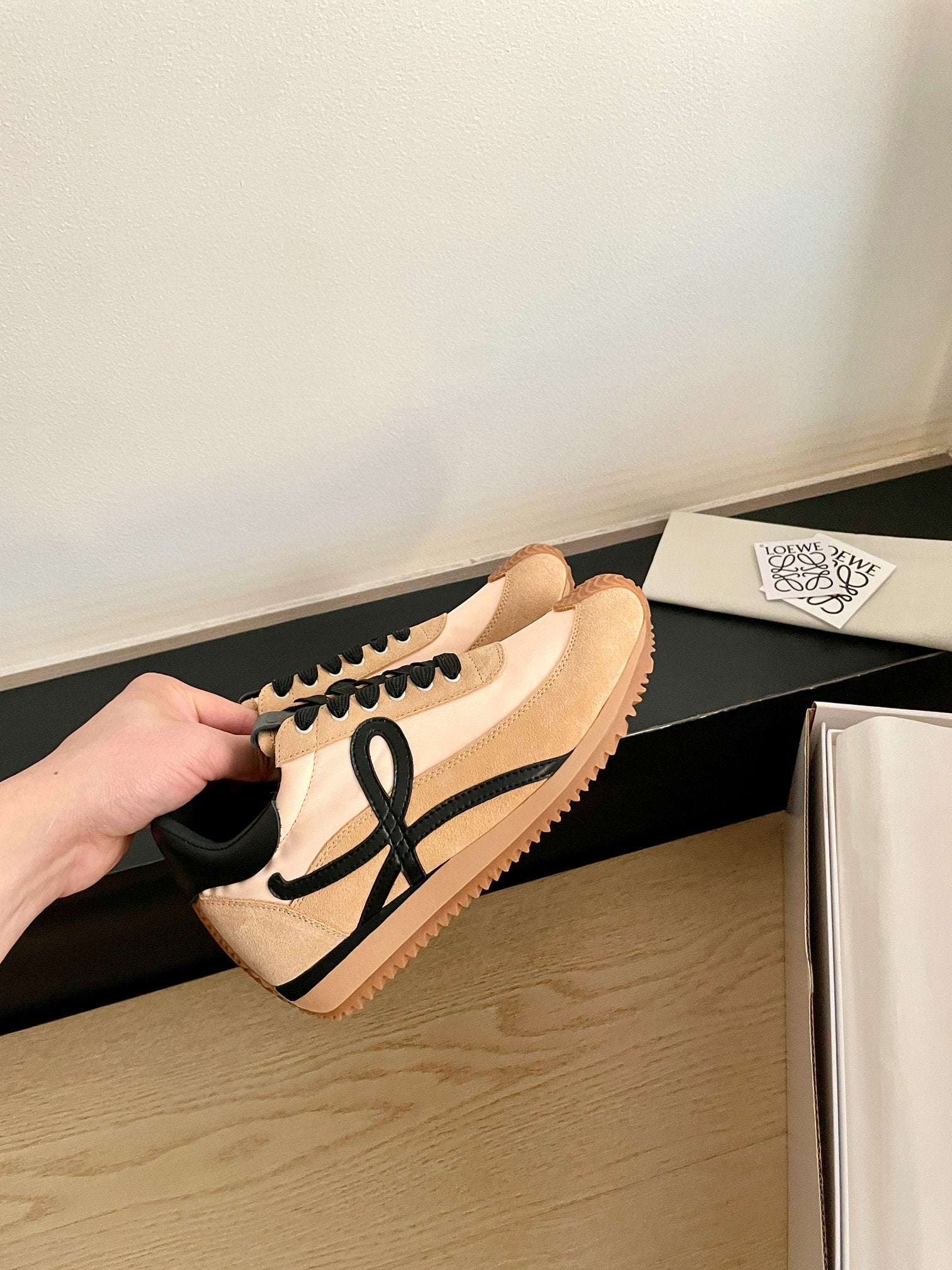 Loewe 26s Flow Runner Sneaker In Light Brown Suede And Black Sheepskin